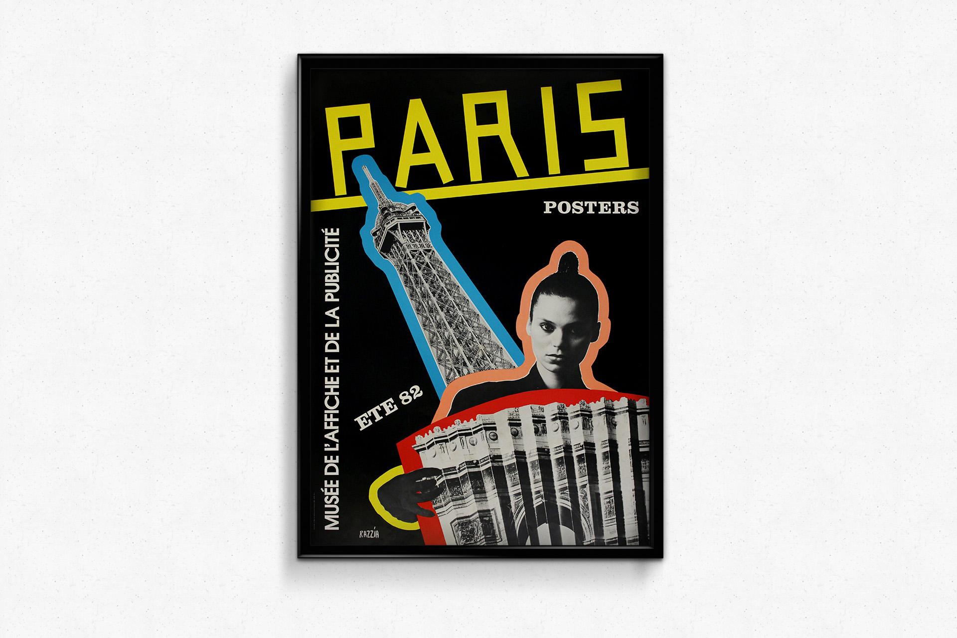 Questo straordinario poster d'epoca del 1982, disegnato da Razzia, fu creato per promuovere la mostra Paris Posters al Musée de l'Affiche et de la Publicité durante l'estate (Été 82). Caratterizzata da una composizione audace e grafica in stile