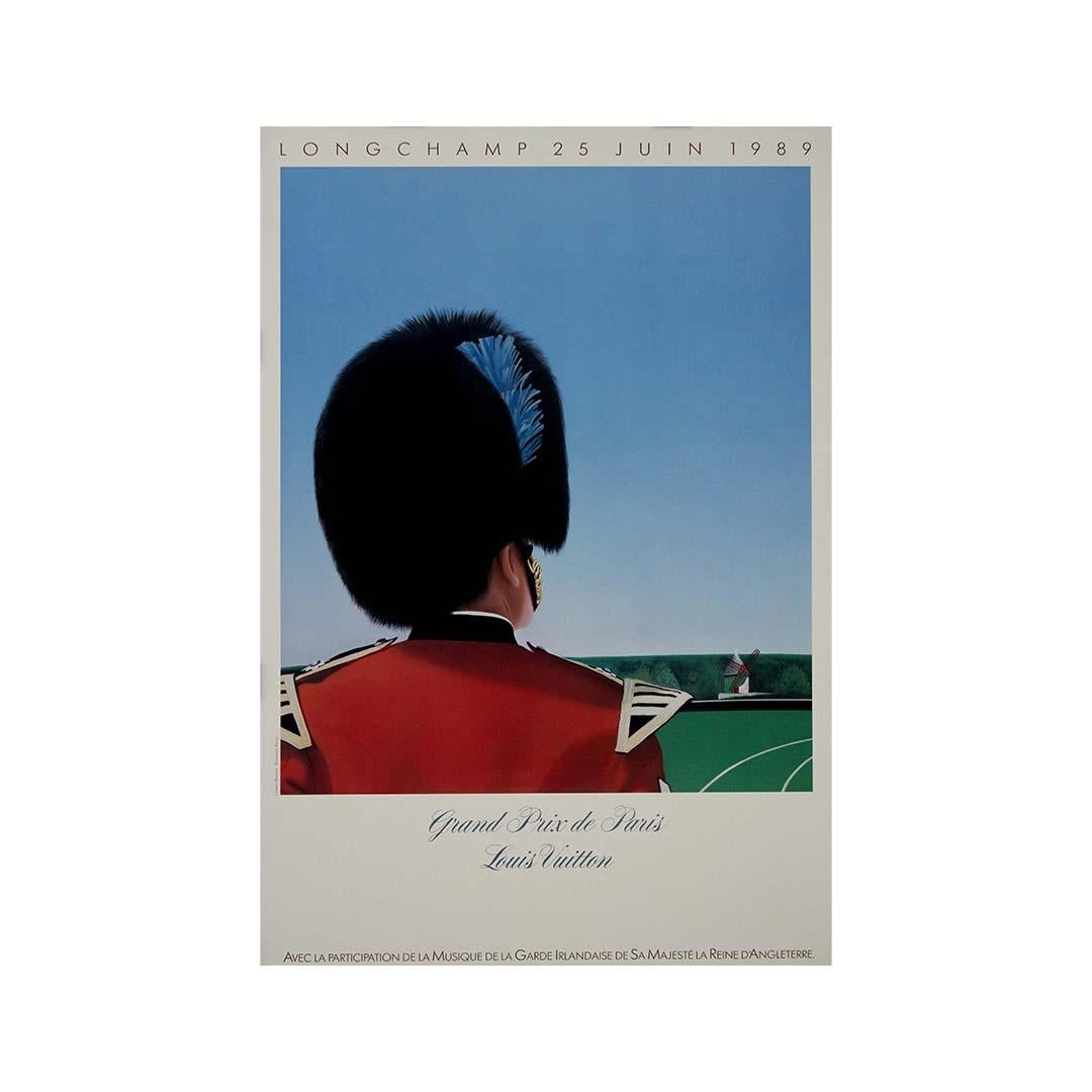 The 1989 original poster Grand Prix de Paris Louis Vuitton Longchamp by the celebrated artist Razzia (Gérard Courbouleix Dénériaz) is an iconic example of his distinctive style. Created to promote the Grand Prix de Paris, a prestigious horse racing