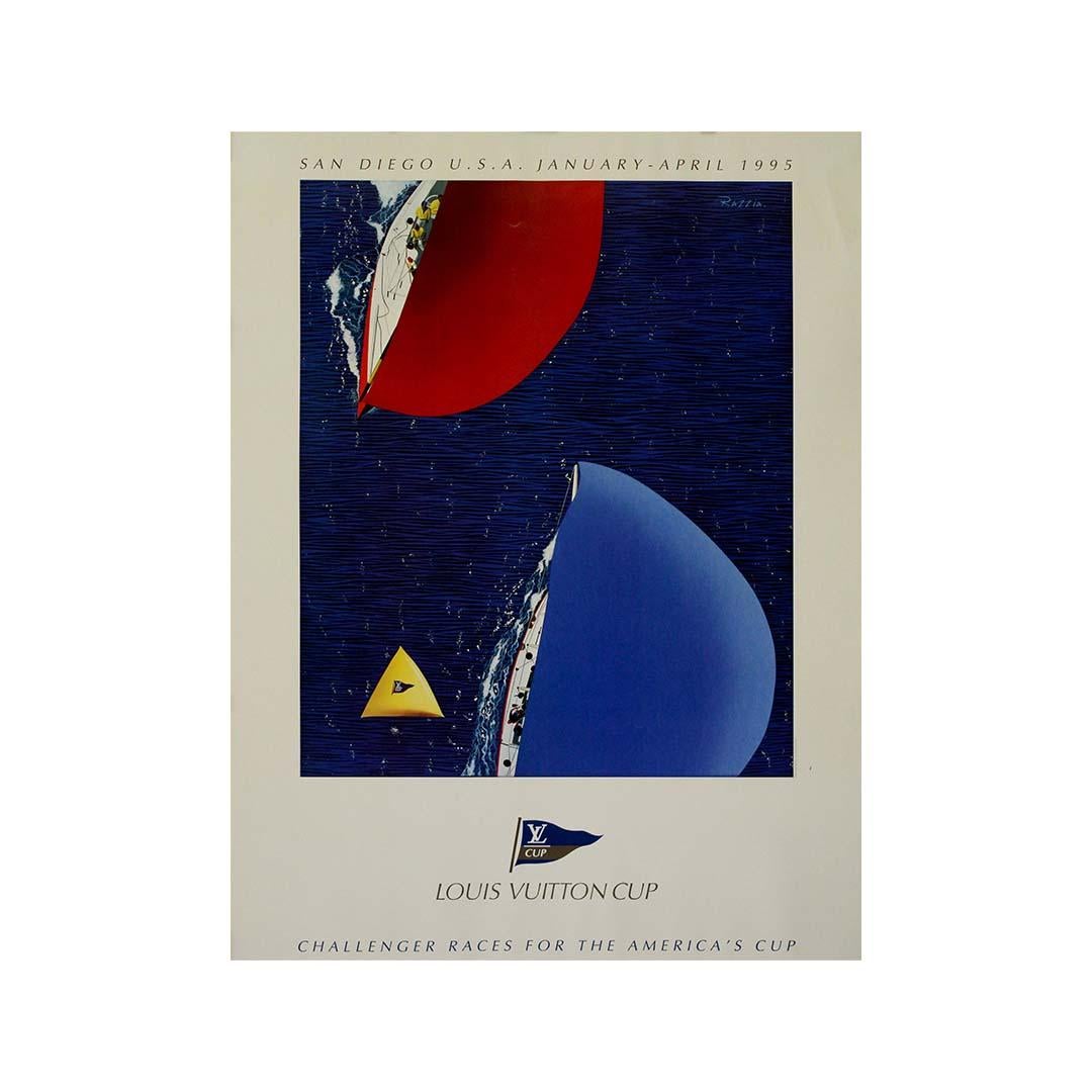 The 1995 original poster Louis Vuitton Cup: Challenger Races for the America’s Cup, San Diego, created by renowned French artist Razzia (Gérard Courbouleix Dénériaz), captures the dynamic essence of competitive sailing at one of the world’s most