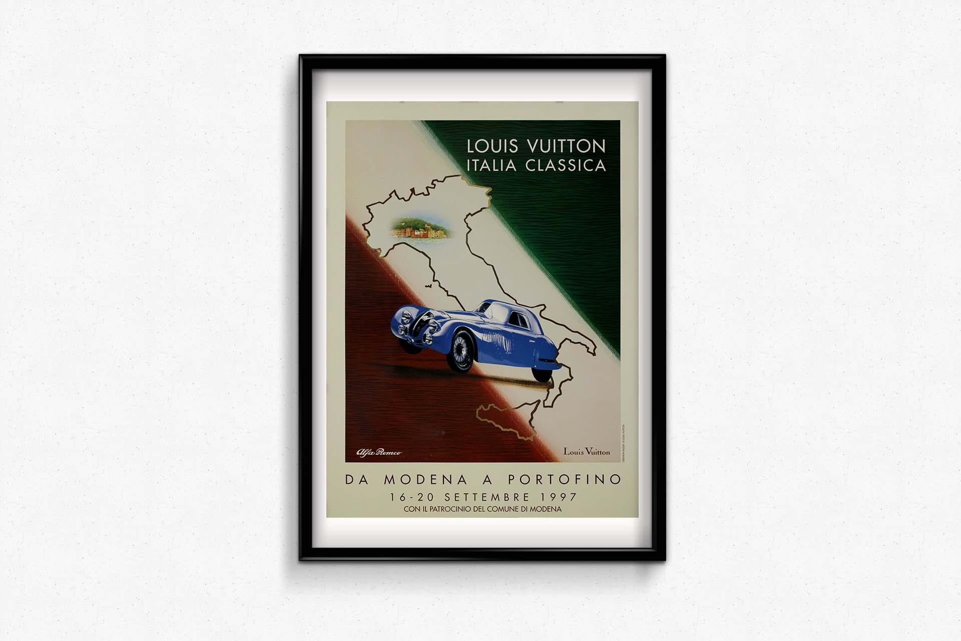 The 1997 original poster Louis Vuitton Italia Classica: Da Modena a Portofino, created by French artist Razzia (Gérard Courbouleix Dénériaz), beautifully captures the spirit of Italian automotive heritage and luxury. Commissioned for the prestigious