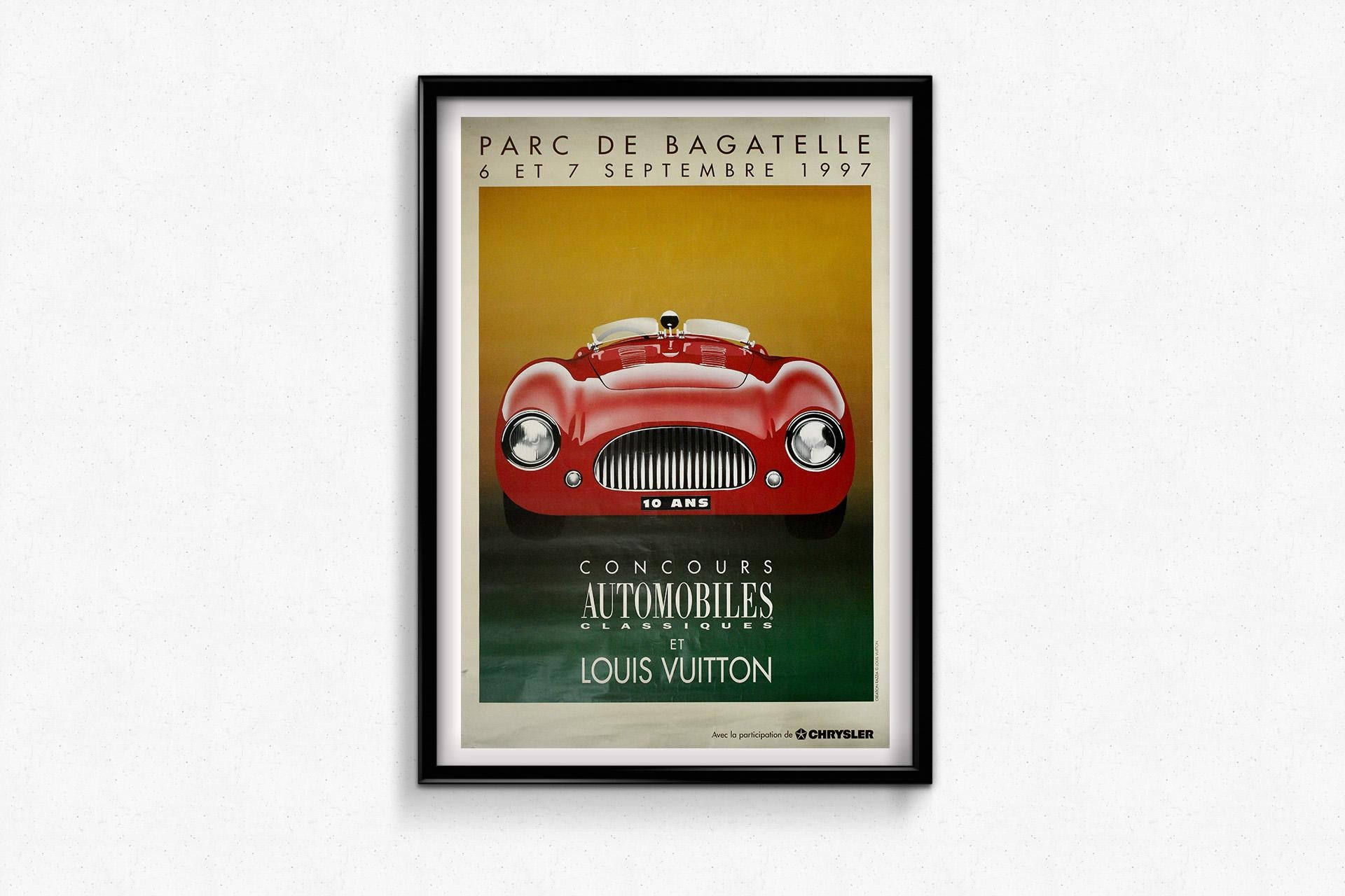This striking original 1997 poster, designed by the celebrated French artist Razzia, was created to commemorate the 10th anniversary of the prestigious Concours Automobiles Classiques et Louis Vuitton, held at the Parc de Bagatelle in Paris on the