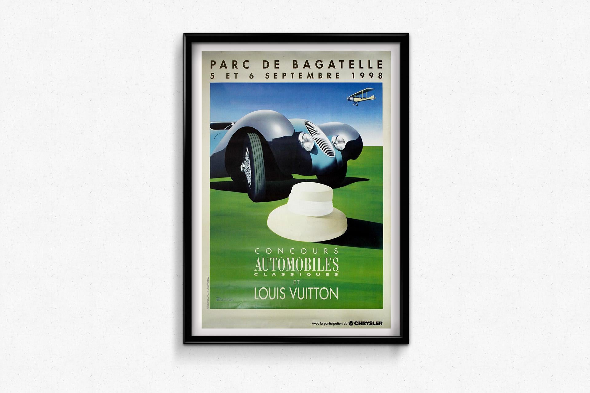 This original 1998 poster, created by the celebrated French graphic artist Gérard Courbouleix–Dénériaz, known by his pseudonym Razzia, was produced for the prestigious Concours Automobiles Classiques et Louis Vuitton held at the Parc de Bagatelle in