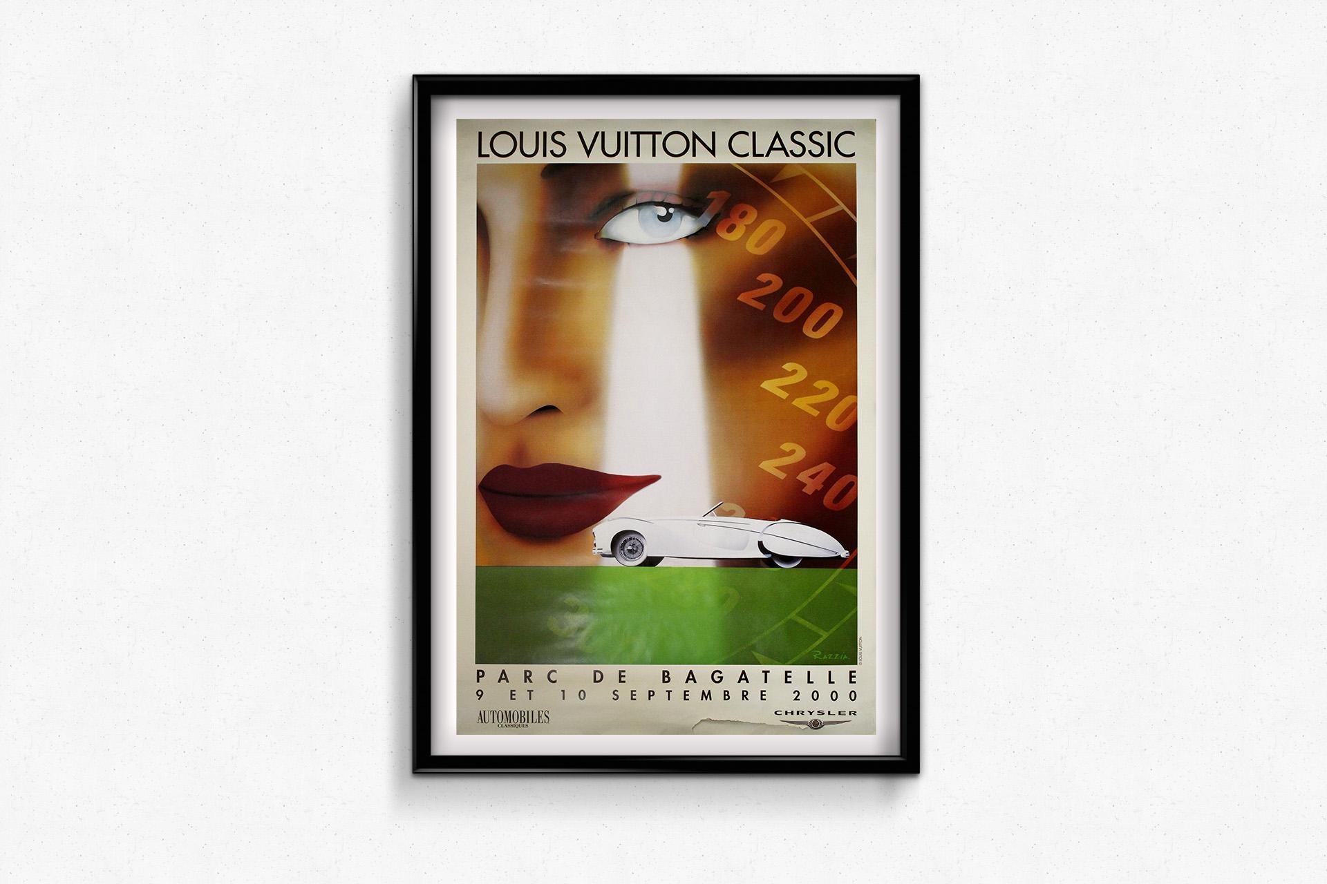 This stunning original 2000 poster designed by renowned French artist Razzia was created for the Louis Vuitton Classic, held on the 9th and 10th of September at the prestigious Parc de Bagatelle in Paris. As one of the most celebrated modern poster