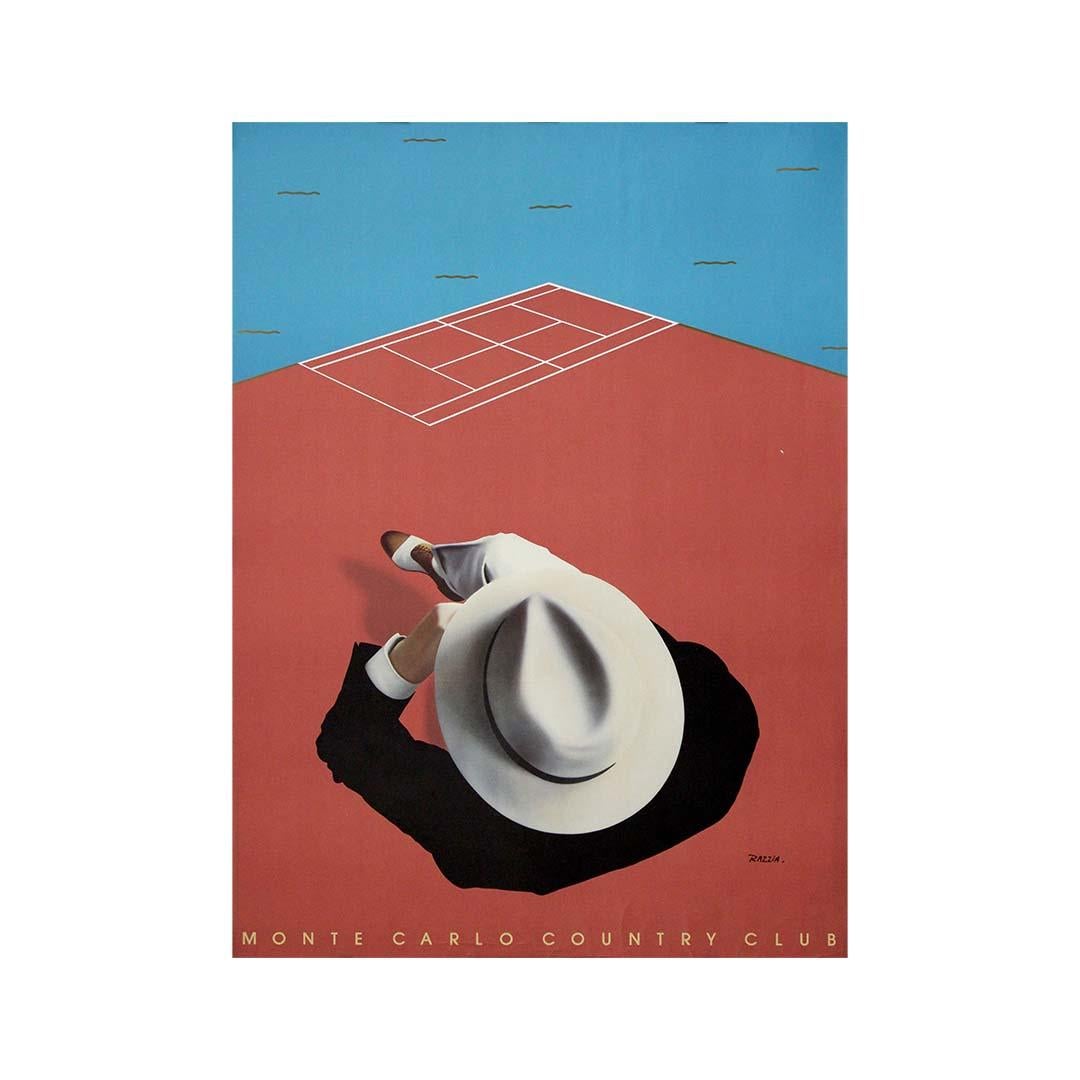 Questo poster originale del 1980 circa, creato dal celebre artista Razzia, promuove il prestigioso Monte Carlo Country Club. Conosciuto per il suo stile distintivo che combina l'estro moderno con l'eleganza vintage, Razzia ha realizzato un poster