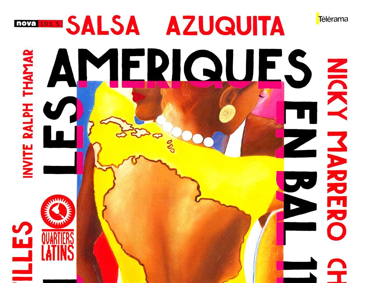 Original Les Ameriques En Bal  - Salsa Azuquita cartel vintage firmado a mano - Print de Razzia (Gérard Courbouleix–Dénériaz)