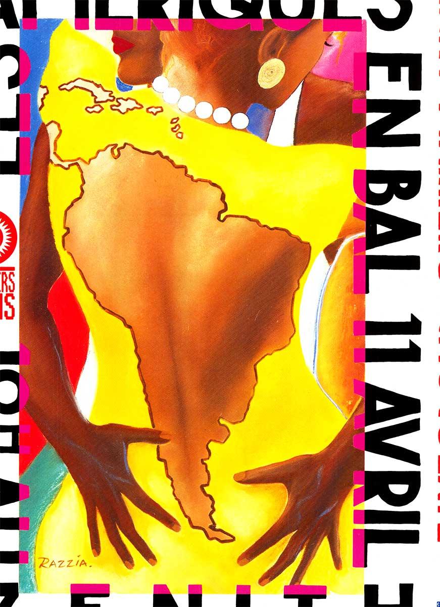 Original Les Ameriques En Bal  - Salsa Azuquita cartel vintage firmado a mano - Figurative Print Naranja de Razzia (Gérard Courbouleix–Dénériaz)