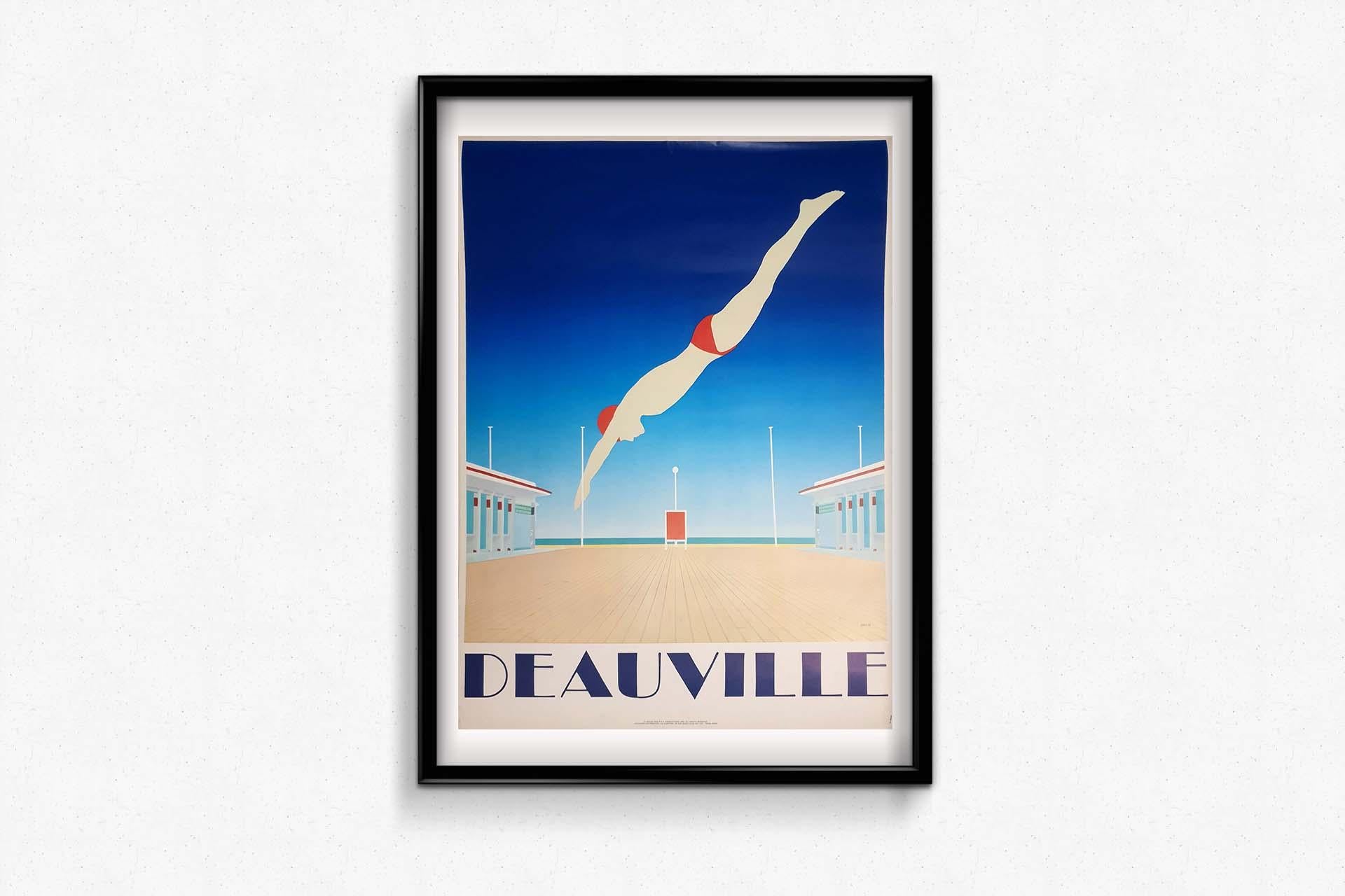 Original poster realized by Razzia, of his real name Gérard Courbouleix-Dénériaz, in 1982, in a totally art deco style, in order to promote tourism in the city of Deauville.

Razzia is one of the last poster artists to survive in an era dominated by