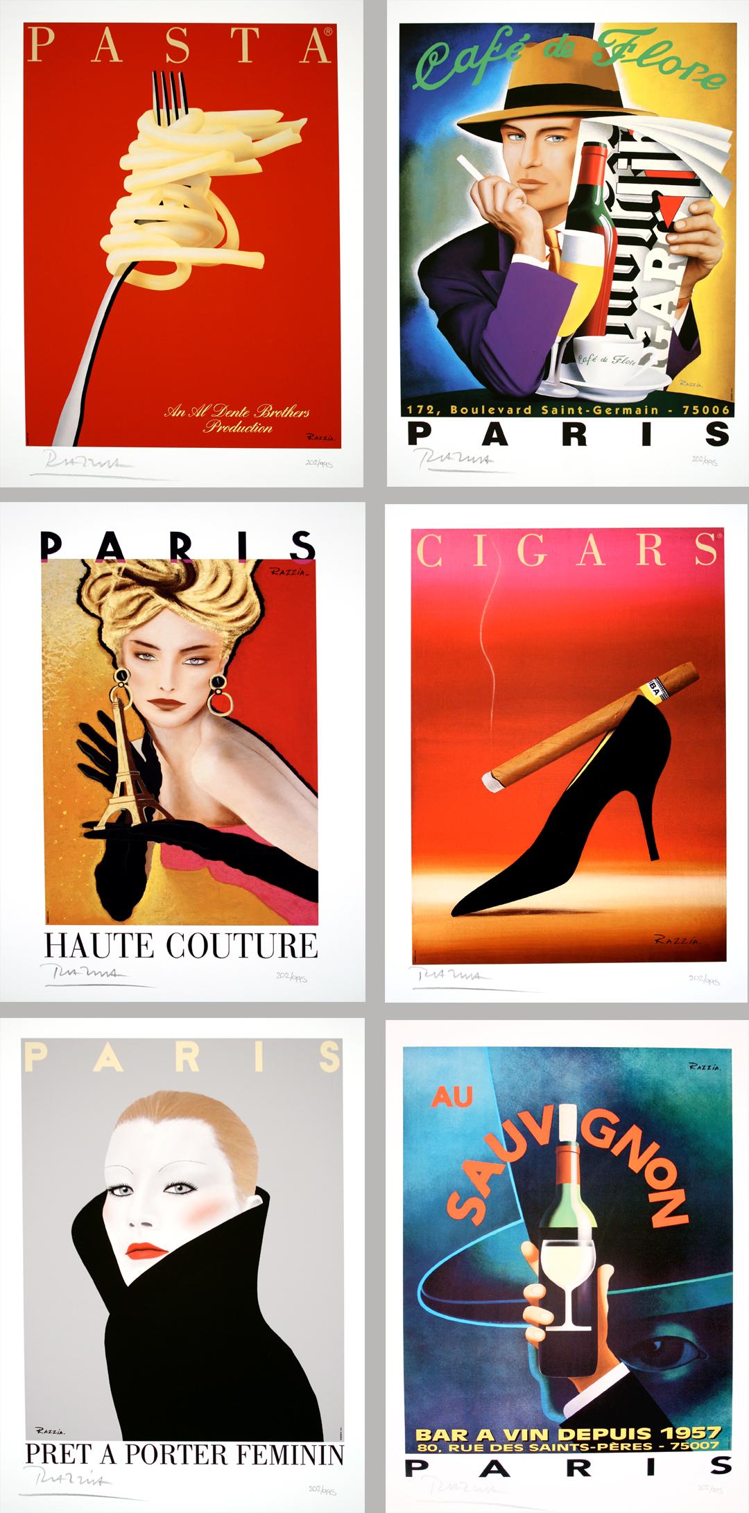 This is a set of 6 signed and numbered prints created by the great French poster artist, Gerard Courbouleix, known as Razzia.
 
Each print measures 10.5” x 14.5” and is from a limited edition of 995 pieces printed in 2007. Each is individually