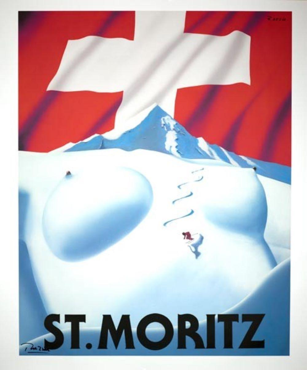 Razzia (Gérard Courbouleix–Dénériaz) Figurative Print - St Moritz ski poster by Razzia