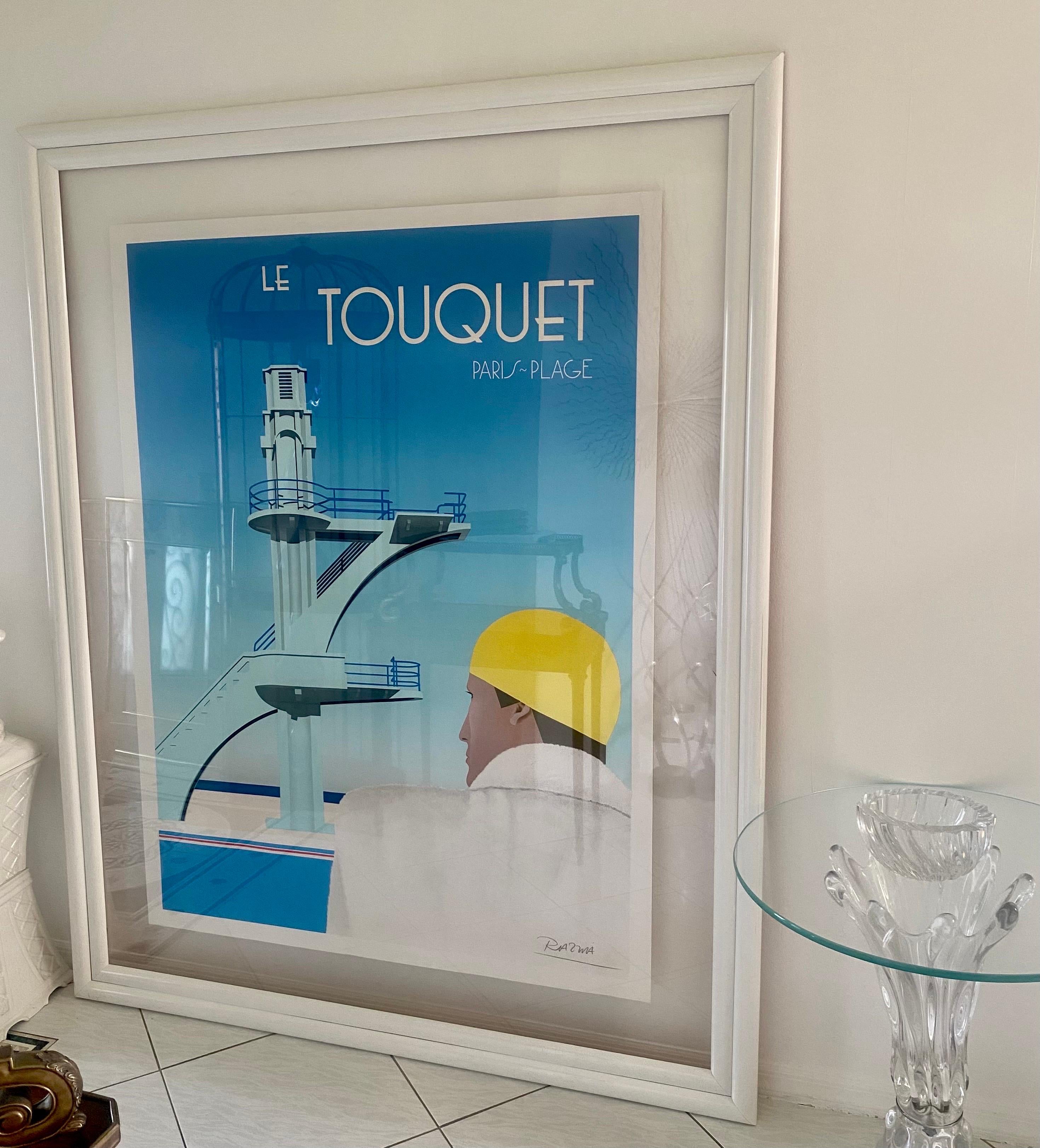 Oster original signé à la main pour Le Touquet Paris Plage datant de 1984 par Razzia, Gerard Courbouleix Deneriaz né en 1950.

Le Touquet Paris Plage est une station balnéaire française située sur la Côte d'Opale, au bord de la Manche. La célèbre