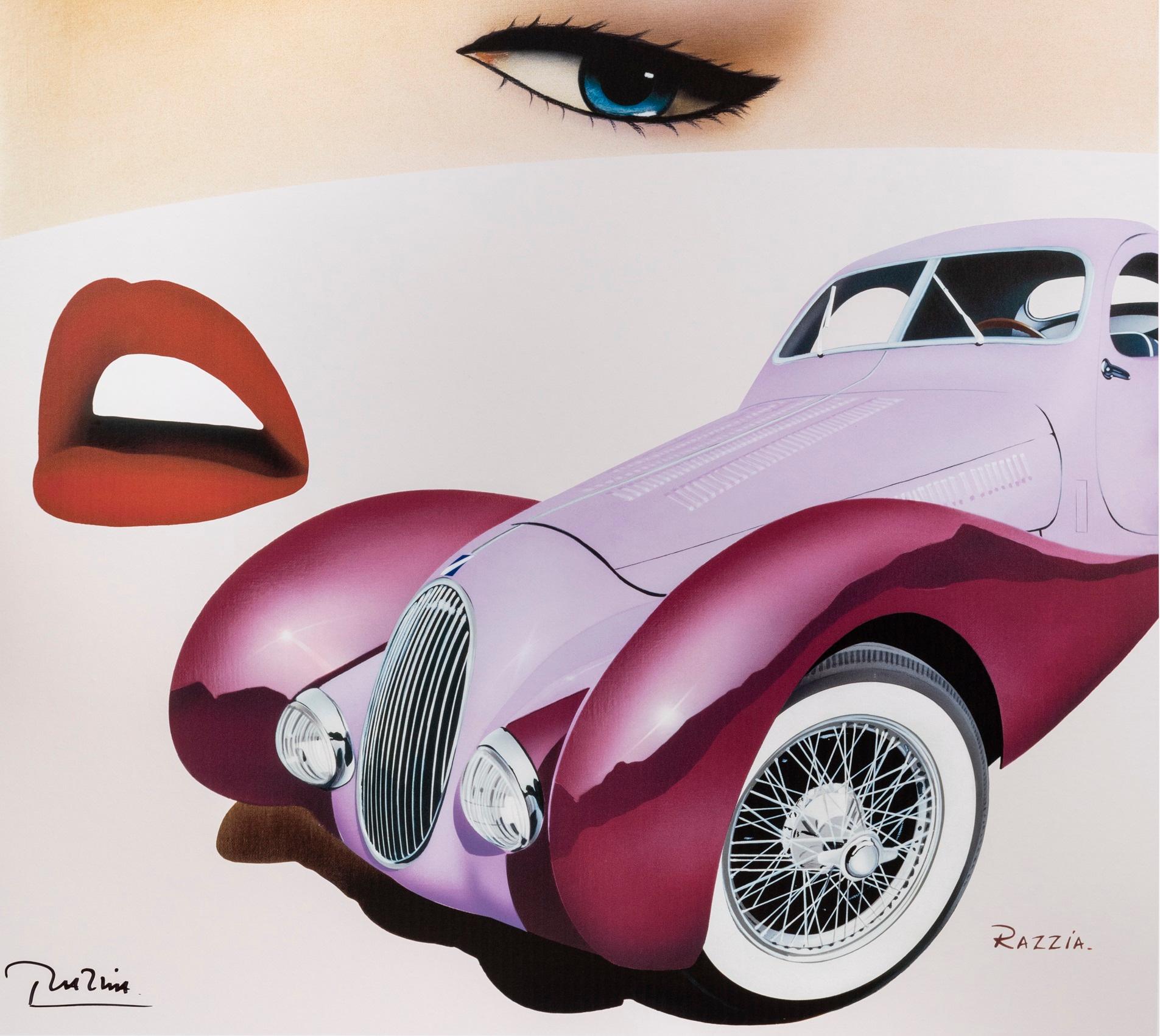 Artist: Razzia
Title:  Concours automobiles classiques avec Louis Vuitton – Bagatelle 11-12 septembre 1993
Date: 1993
Size (w x h): 39.2 x 55.7 in / 99.5 x 141.5 cm
Materials and Techniques: Colour lithograph on paper
Linen backing: Yes
Condition: A
