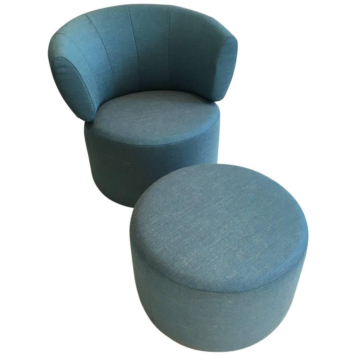 RB 684 Swivelling Armchair and Ottoman in Aqua Blue Fabric by Rolf Benz