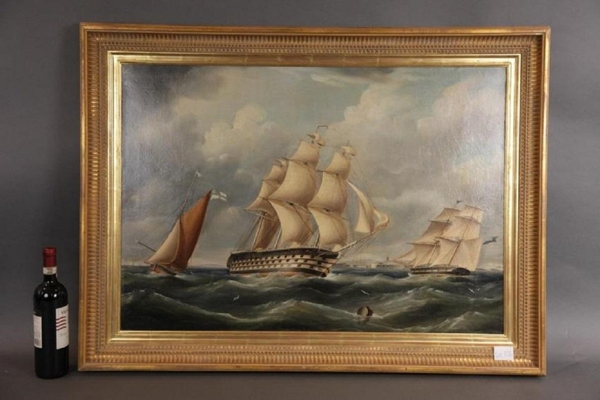 Richard Barnett Spencer marine painting showing a four deck ship, of the line. Ship is under full sail. Dimensions: 32