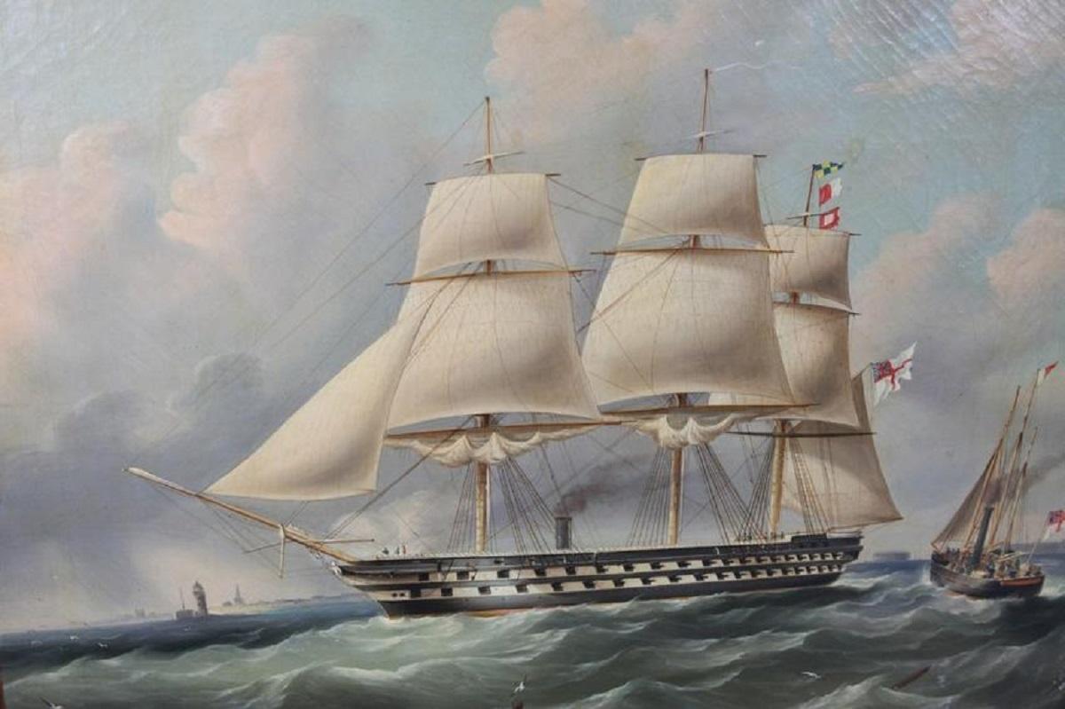 Oil on canvas painting of an English ship of the line HMS Invincible. Signed R B Spencer on the lower left. The vessel is shown under both sail and steam power.