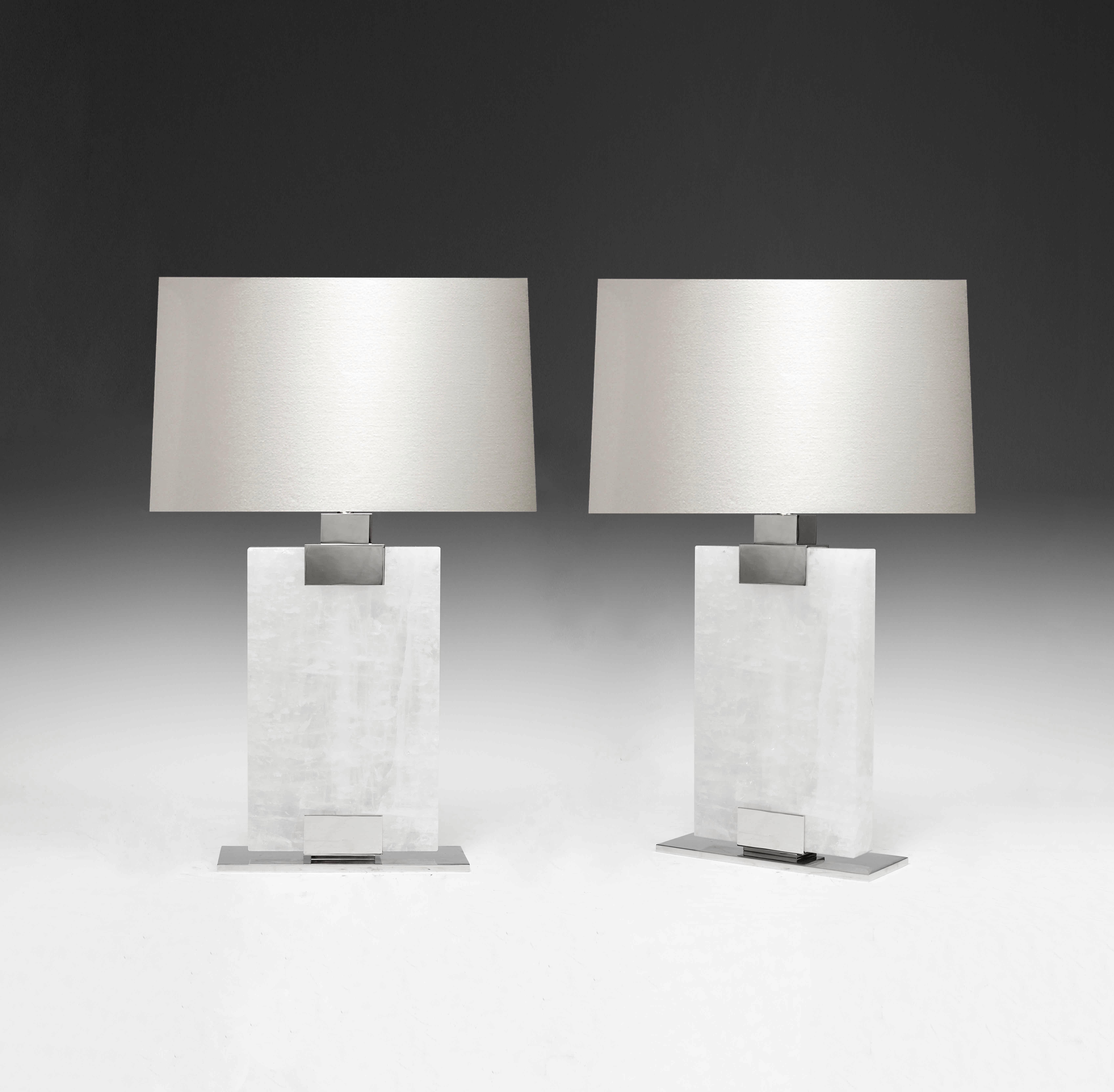 Pair of rectangular block form rock crystal lamps with nickel plating decoration.
Each lamp installs two sockets.
Lampshade do not include.
To the top of the rock crystal 12in/H.