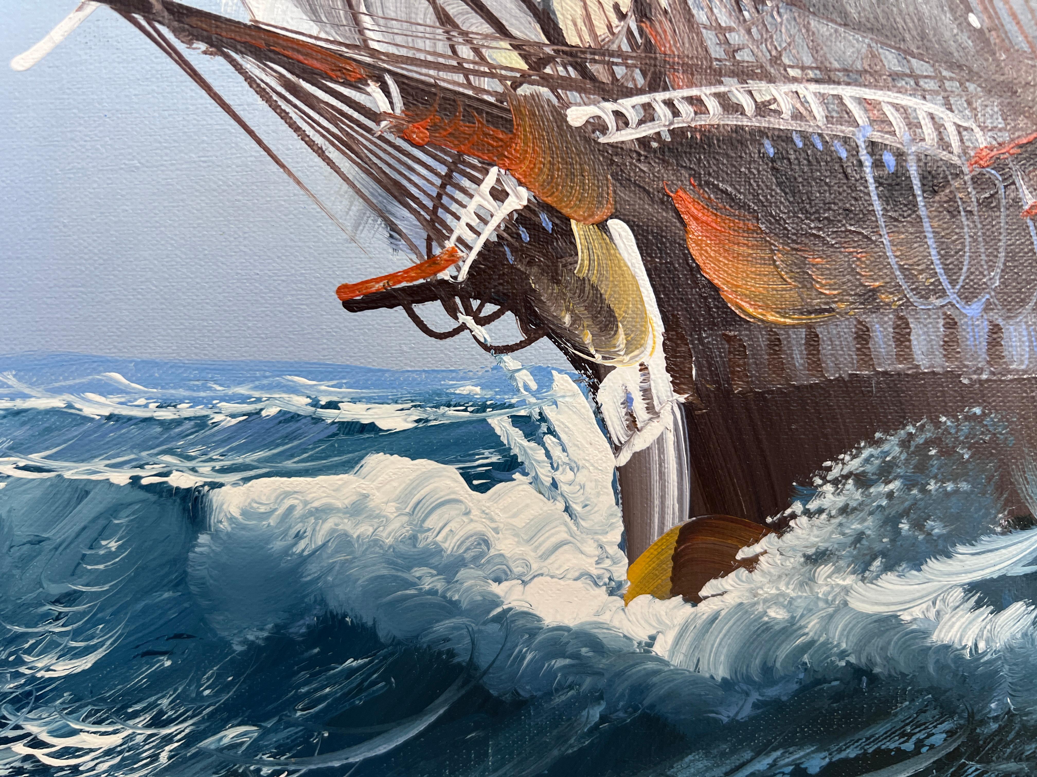 R.Boren Large Original Oil Painting on Canvas Sailing Ship Ocean Seascape Framed For Sale 9