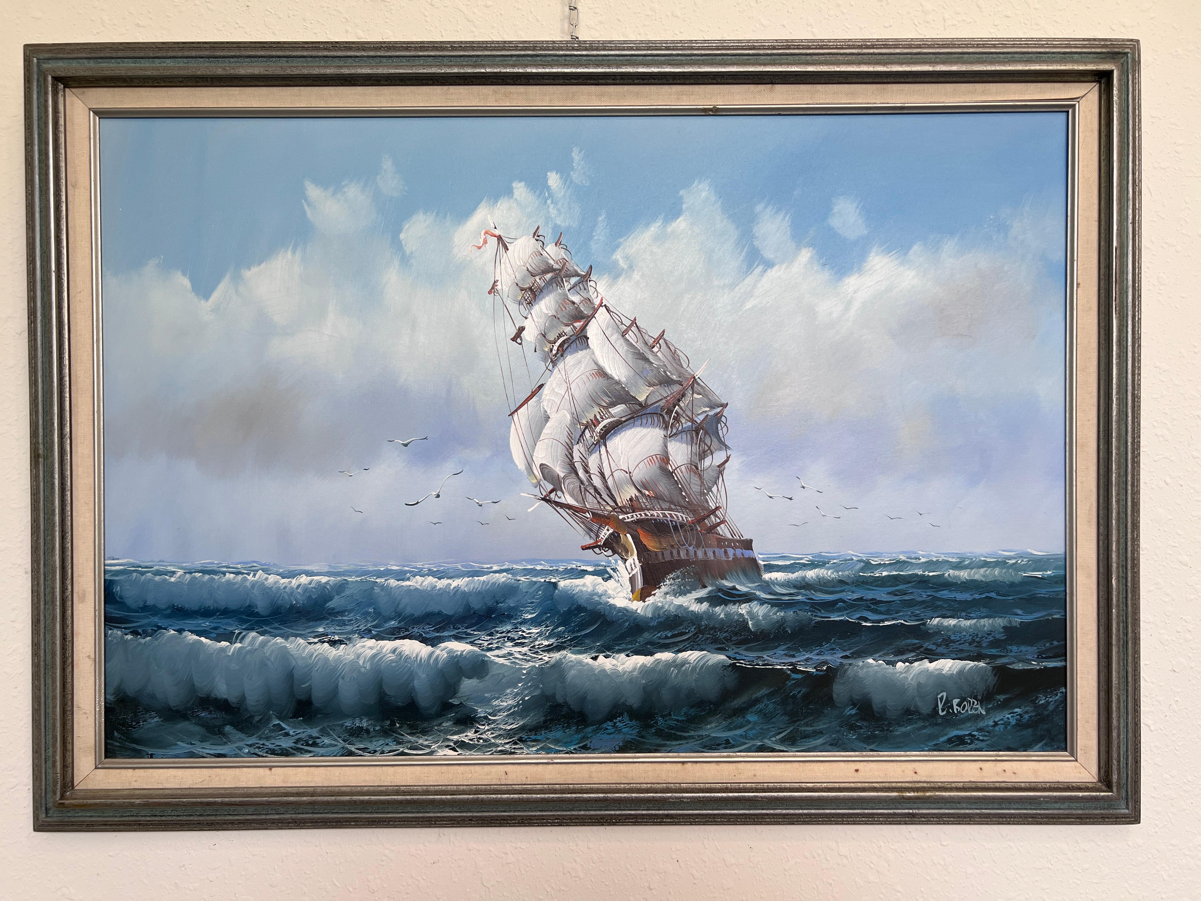 R.Boren Large Original Oil Painting on Canvas Sailing Ship Ocean Seascape Framed For Sale 1