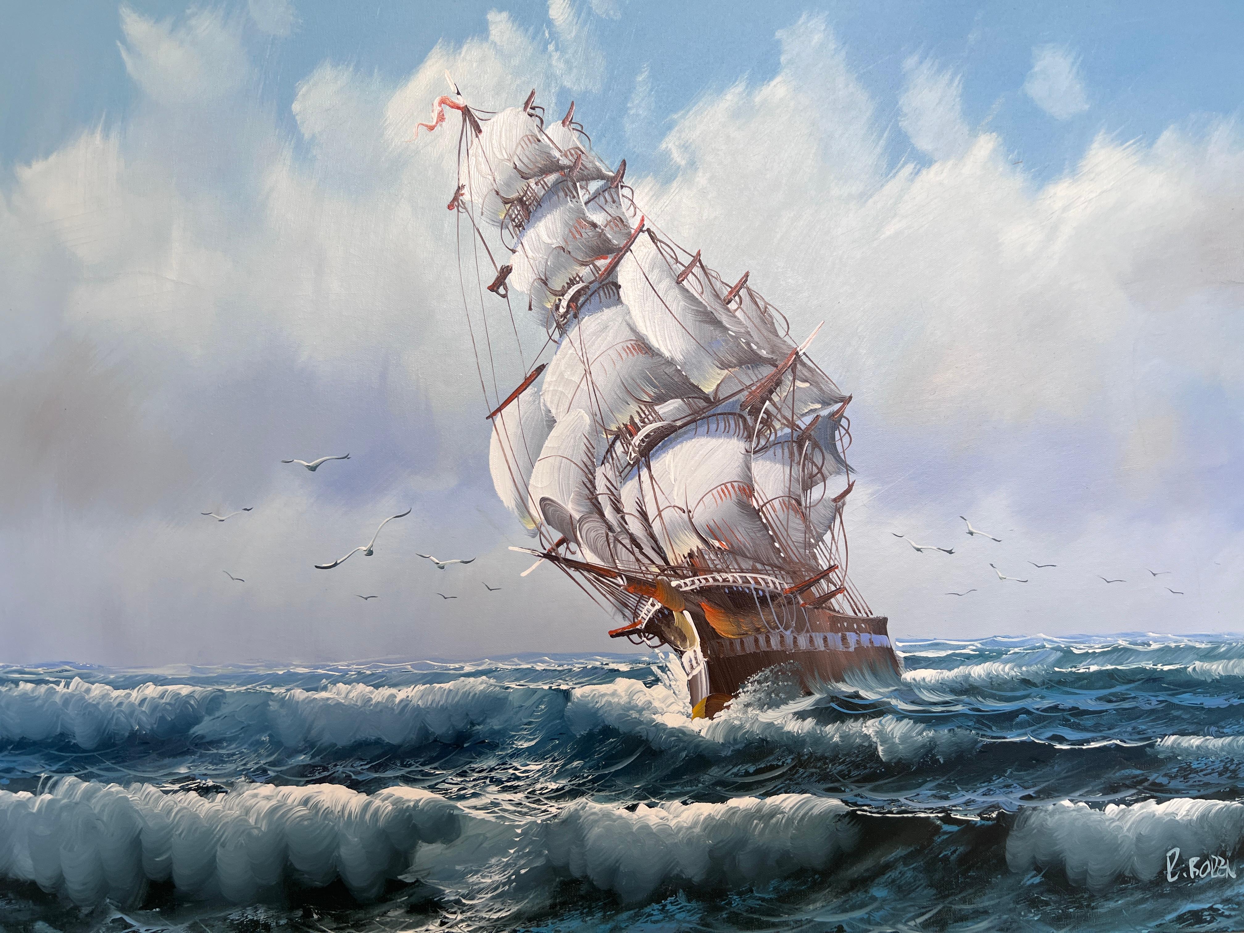 R.Boren Large Original Oil Painting on Canvas Sailing Ship Ocean Seascape Framed For Sale 2