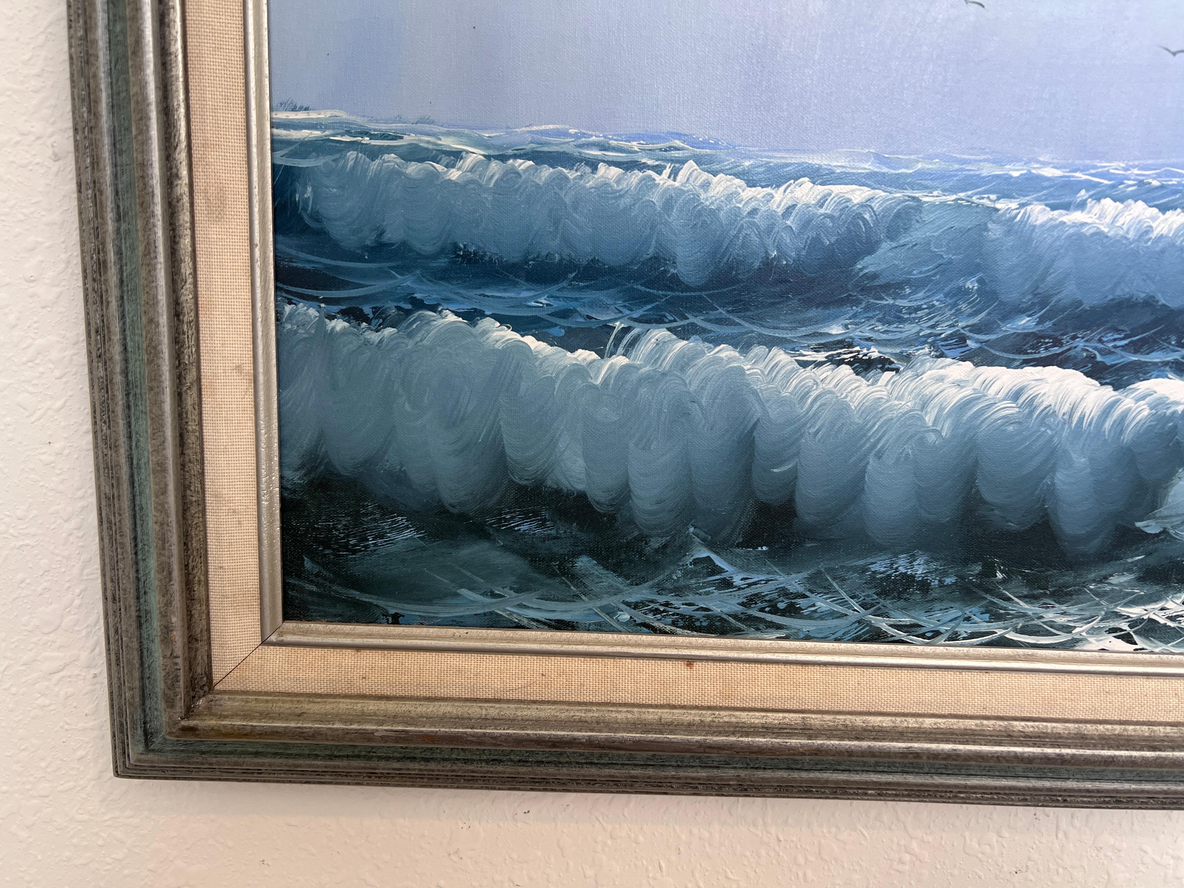 R.Boren Large Original Oil Painting on Canvas Sailing Ship Ocean Seascape Framed For Sale 3