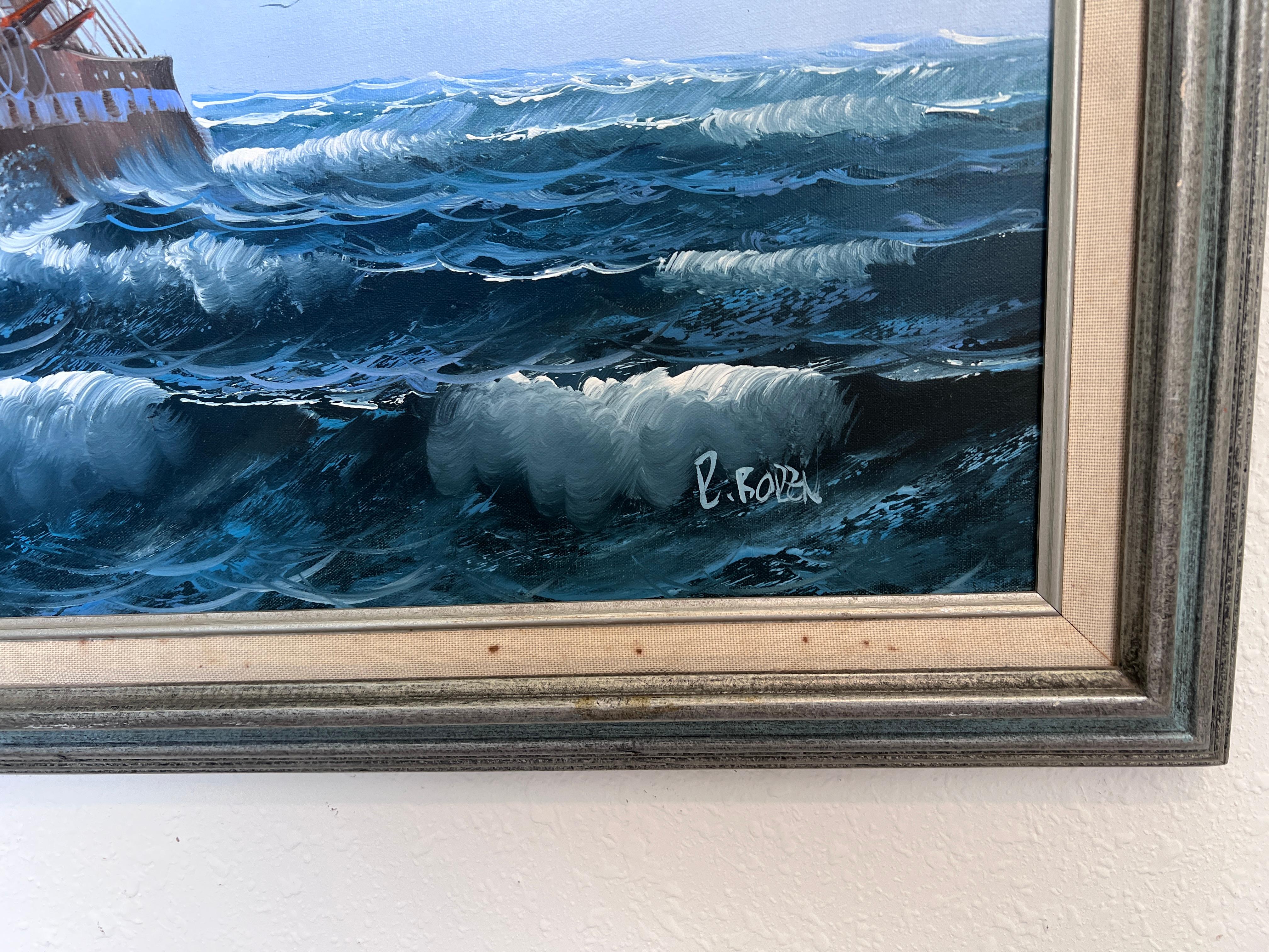 R.Boren Large Original Oil Painting on Canvas Sailing Ship Ocean Seascape Framed For Sale 7