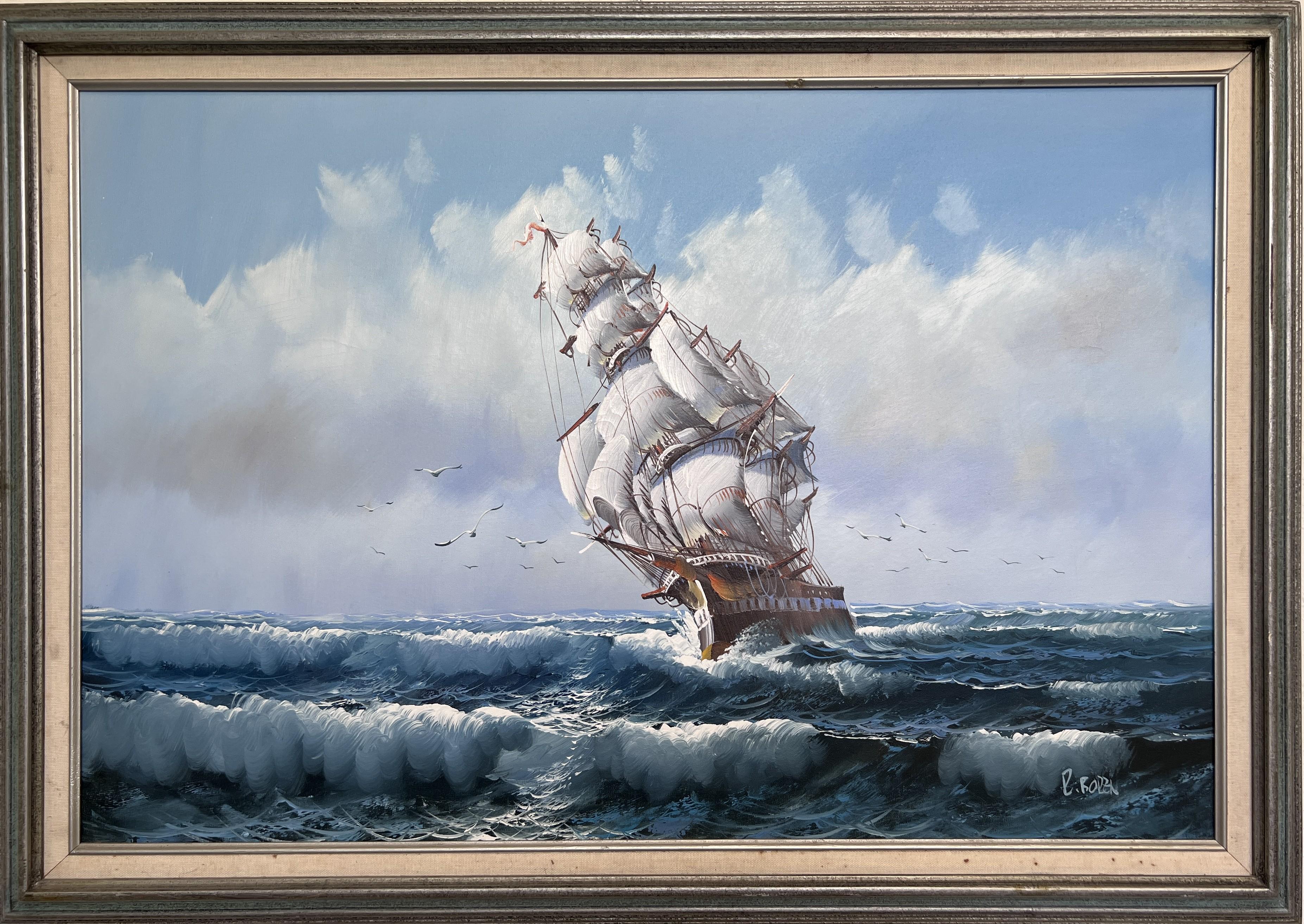 This is a stunning original oil painting on canvas by renowned seascape artist R.Boren, known for his dramatic depictions of maritime scenes. The artwork showcases a majestic tall ship navigating choppy ocean waves under a vivid blue sky scattered