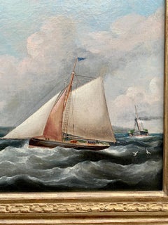 Antique 19th century English Yacht and Warship at sea off Portsmouth Harbor UK