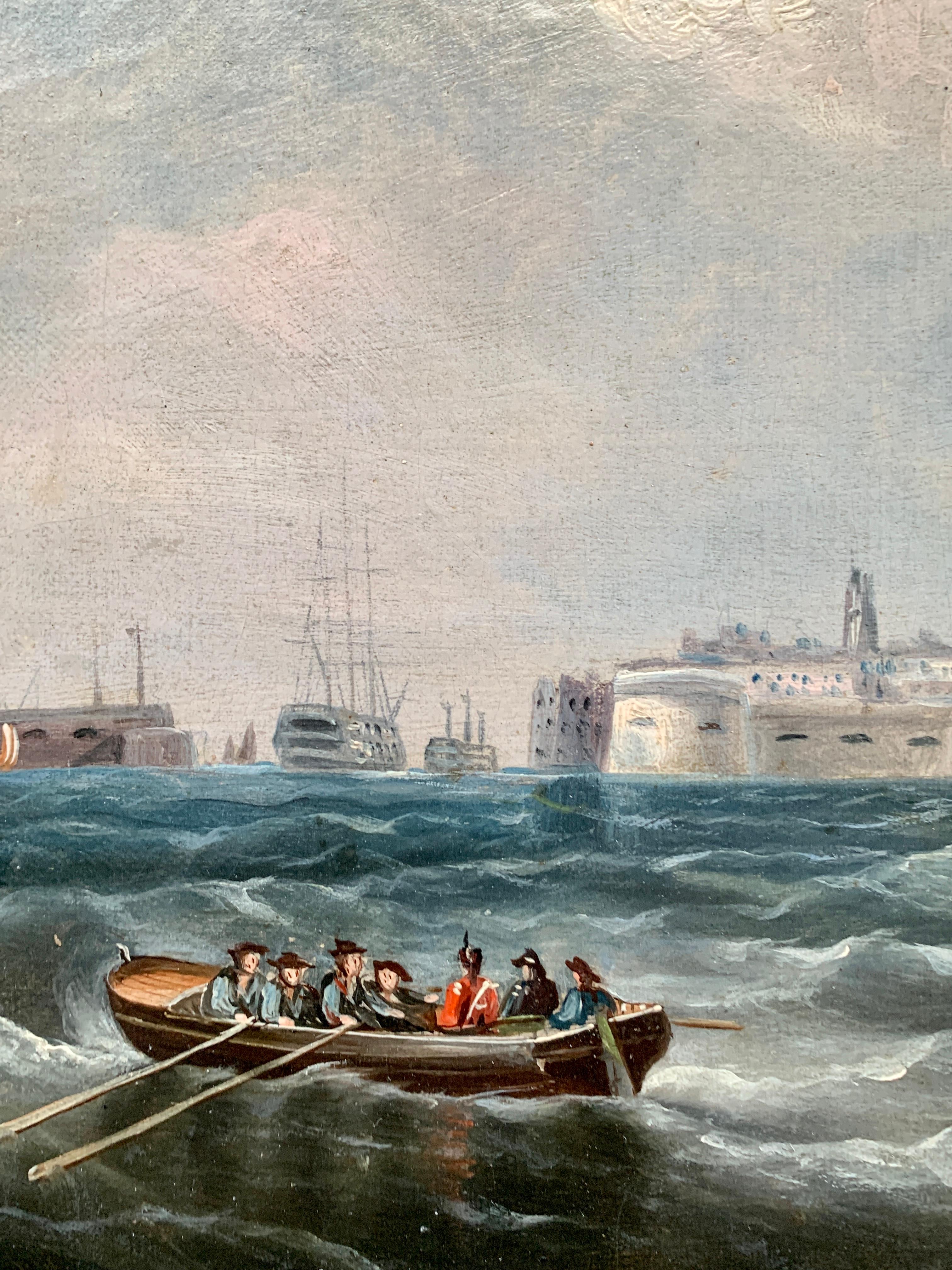 Antique English marine View of Portsmouth harbor, with yachts and a warship sailing just outside the harbor.

R. B. Spencer is known for his portraits of ships. It is thought that he is the brother of William Barnett Spencer who painted the same