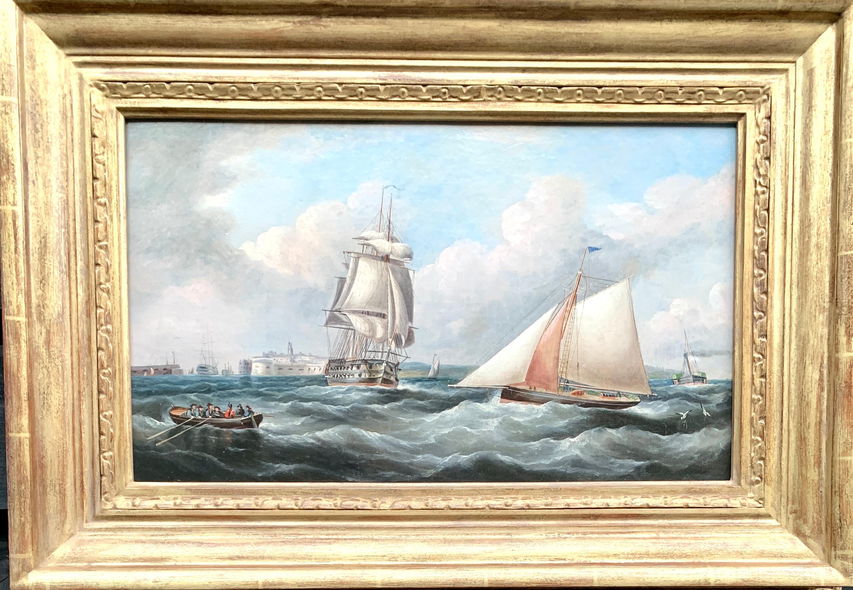 R.B.Spencer Landscape Painting - Antique 19th century English Yacht and Warship at sea off Portsmouth Harbor UK