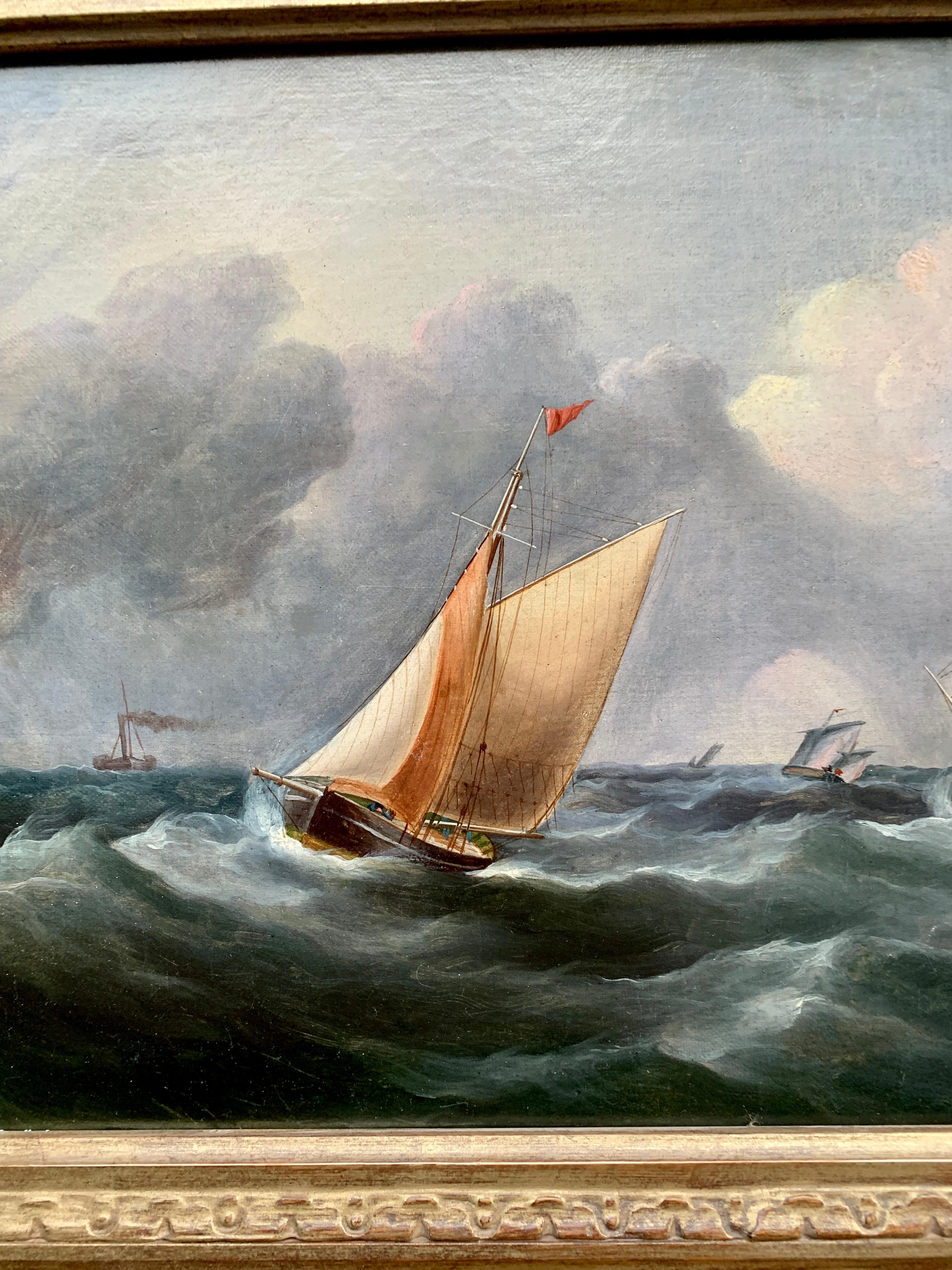 Antique 19th century English Yacht and Warship at sea off the English coast - Painting by R.B.Spencer