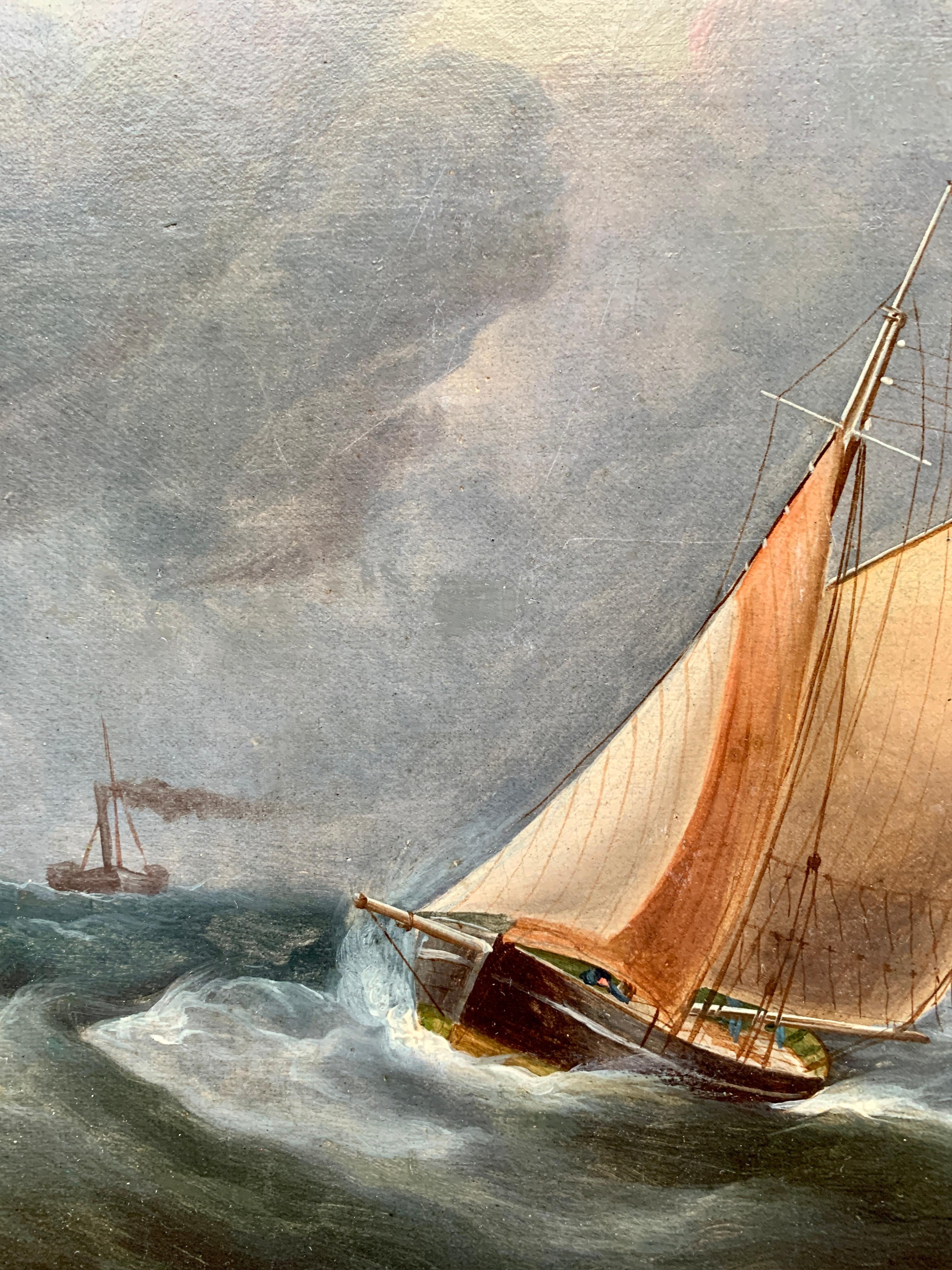 Antique 19th century English Yacht and Warship at sea off the English coast - Victorian Painting by R.B.Spencer