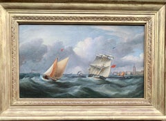 Antique 19th century English Yacht and Warship at sea off the English coast
