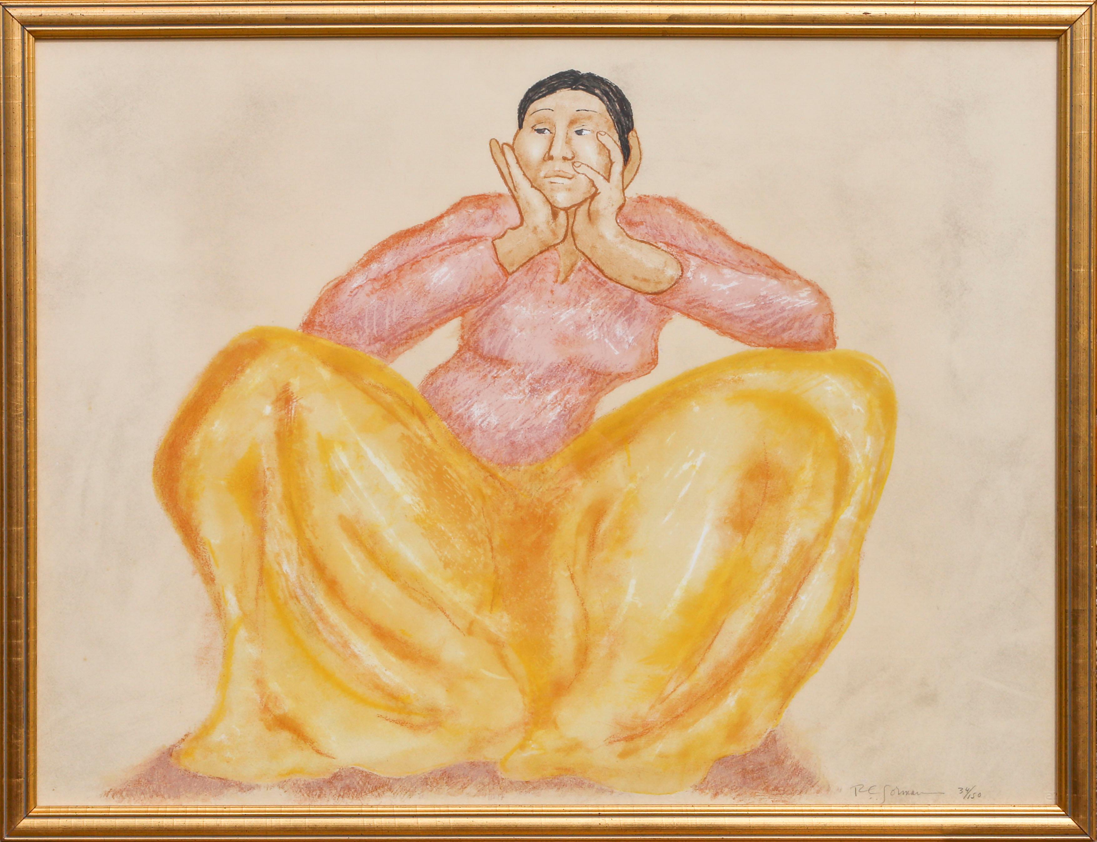 A woman in a pink shirt and yellow skirt crouches to fit within the frame of the image, her hands tenderly holding up her face as she looks off to the left. Gorman has caught this figure mid-moment, perhaps either at a downbeat during a dance or