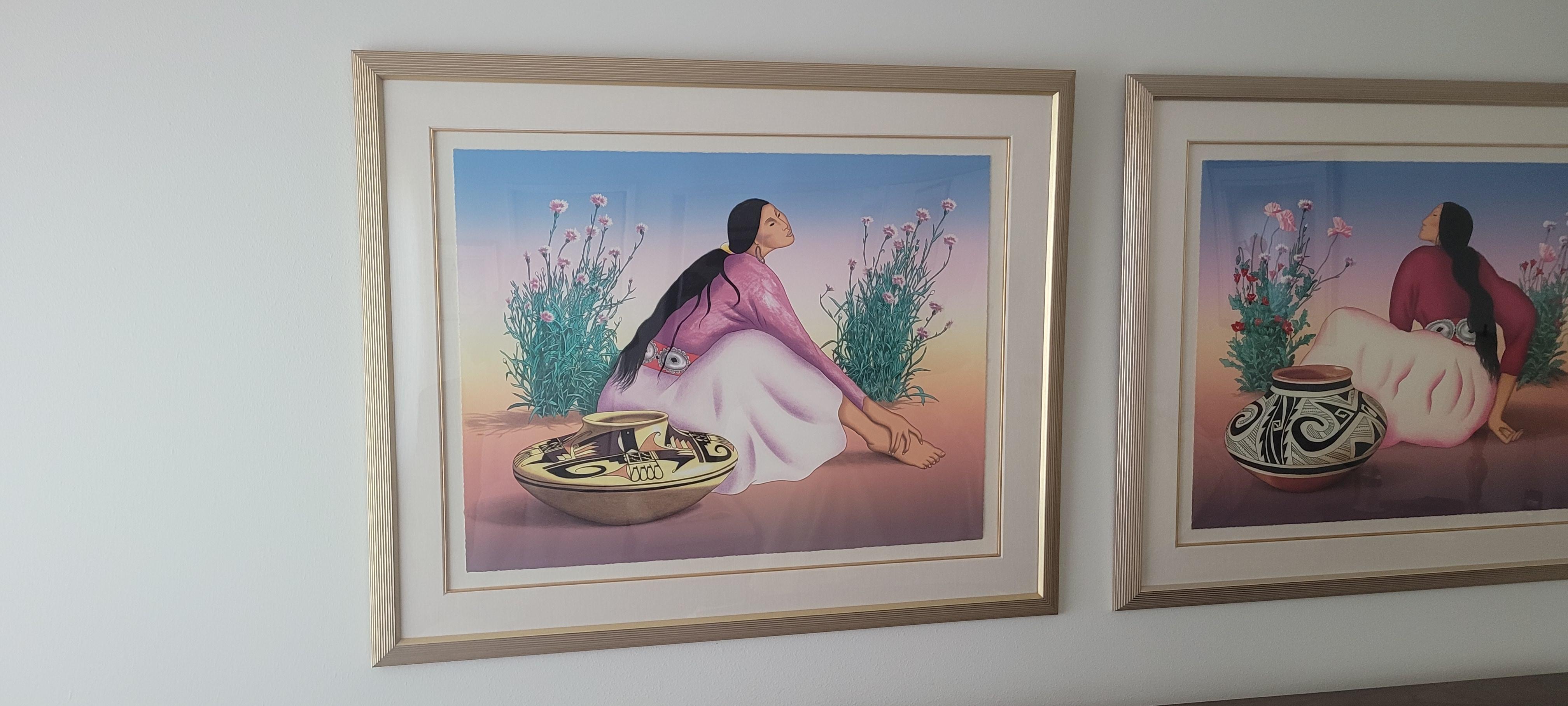 Esperanza and Esperanza II were both begun in August 1994.  Esperanza I was signed Feb 12, 1995 and Esperanza II signed Sept 24,  1995. Esperanza I is a 38 color original lithograph drawn on mylars and plate by the artist in his studio in Taos, New