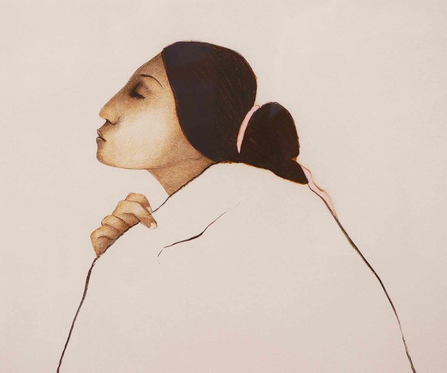 Modern figurative abstract lithograph by Sante Fe, NM artist R.C. Gorman (Rudolph Carl Gorman). This lithograph depicts a Taos woman in a kneeling position and wearing a plain fringed shawl. Signed, dated, and editioned by the artist along lower