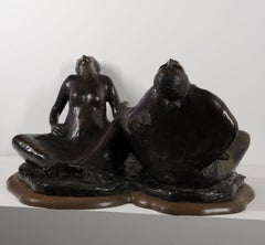"Laughing Sisters" by R. C. Gorman signed bronze sculpture on wooden base