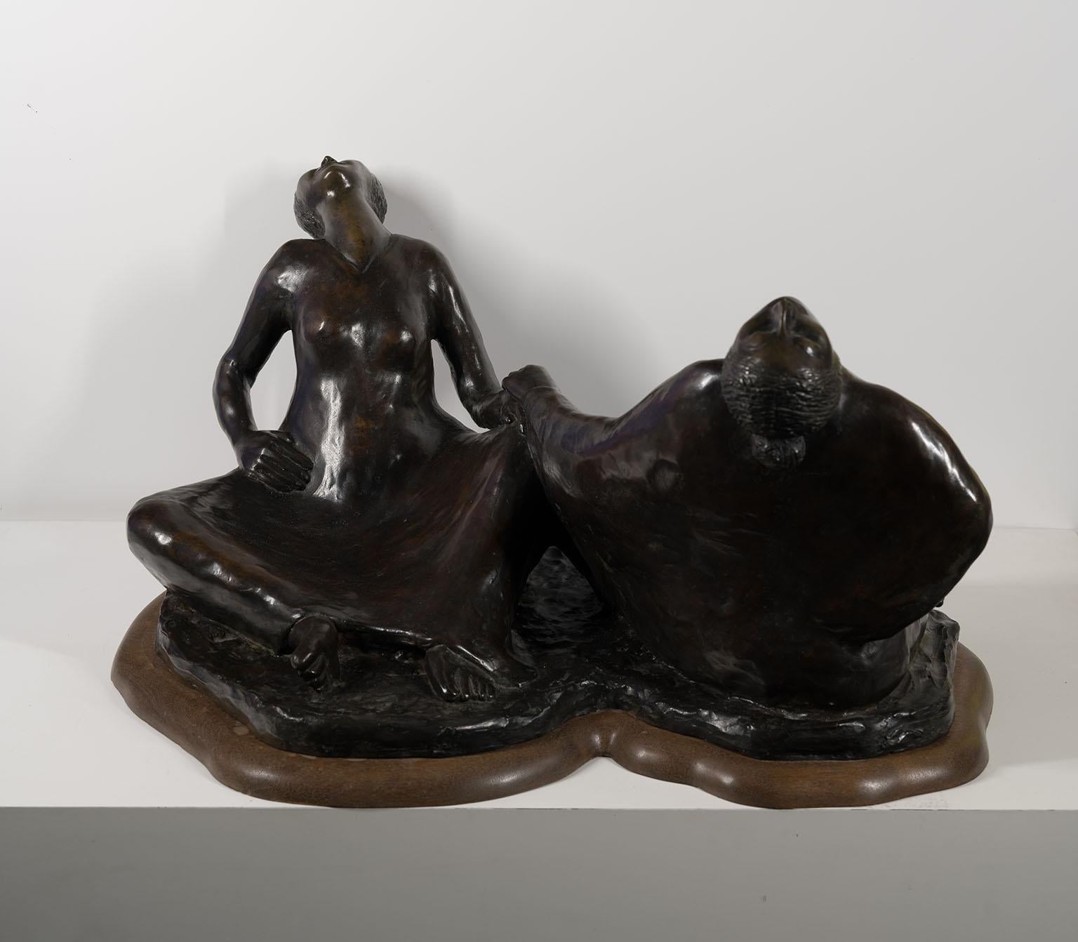 "Laughing Sisters" by R. C. Gorman signed bronze sculpture on wooden base