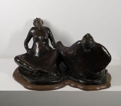 "Laughing Sisters" by R. C. Gorman signed bronze sculpture on wooden base