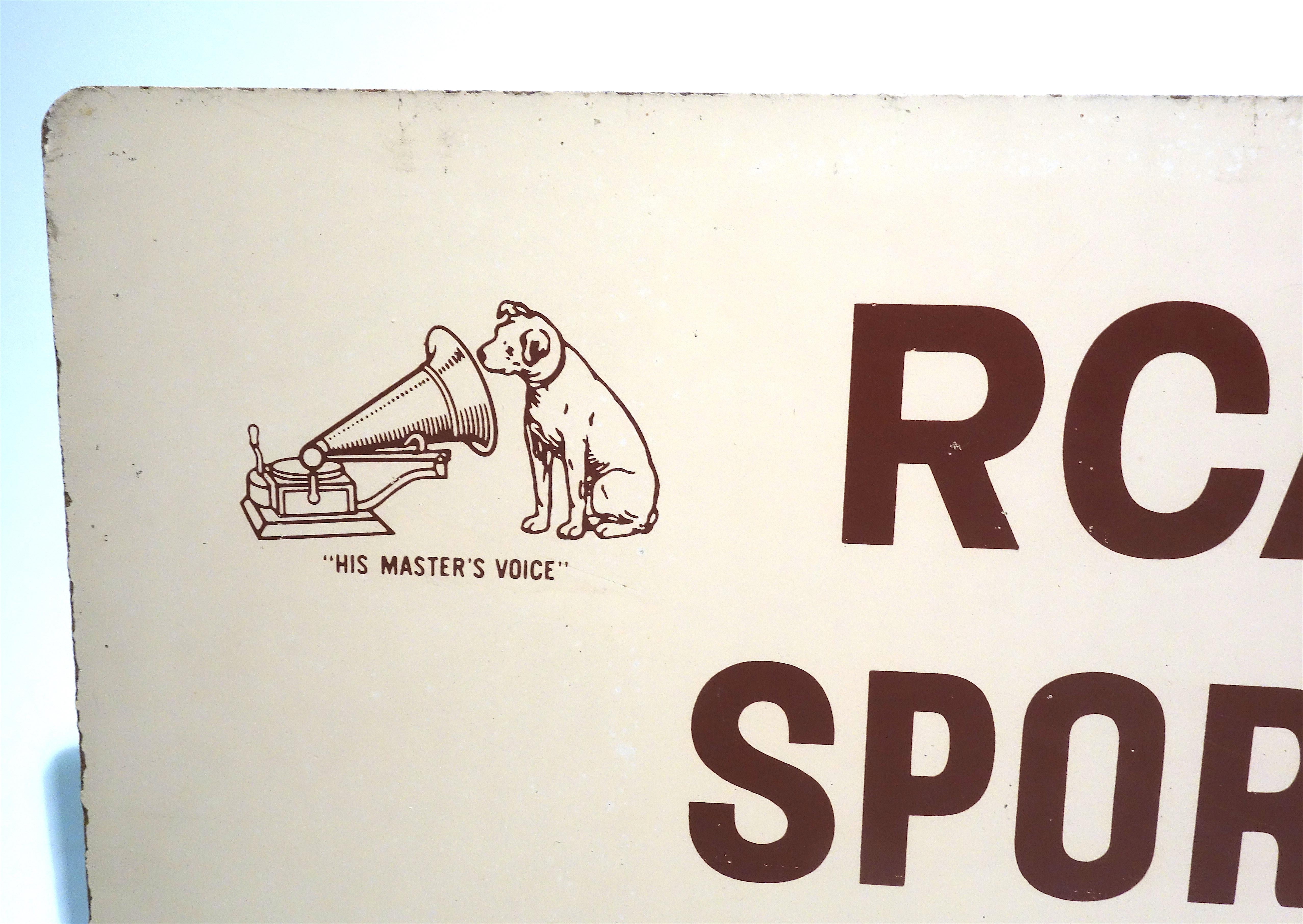Industrial RCA Portable TV Advertising Sign Circa Mid-20th Century Brown Over Beige On Wood For Sale