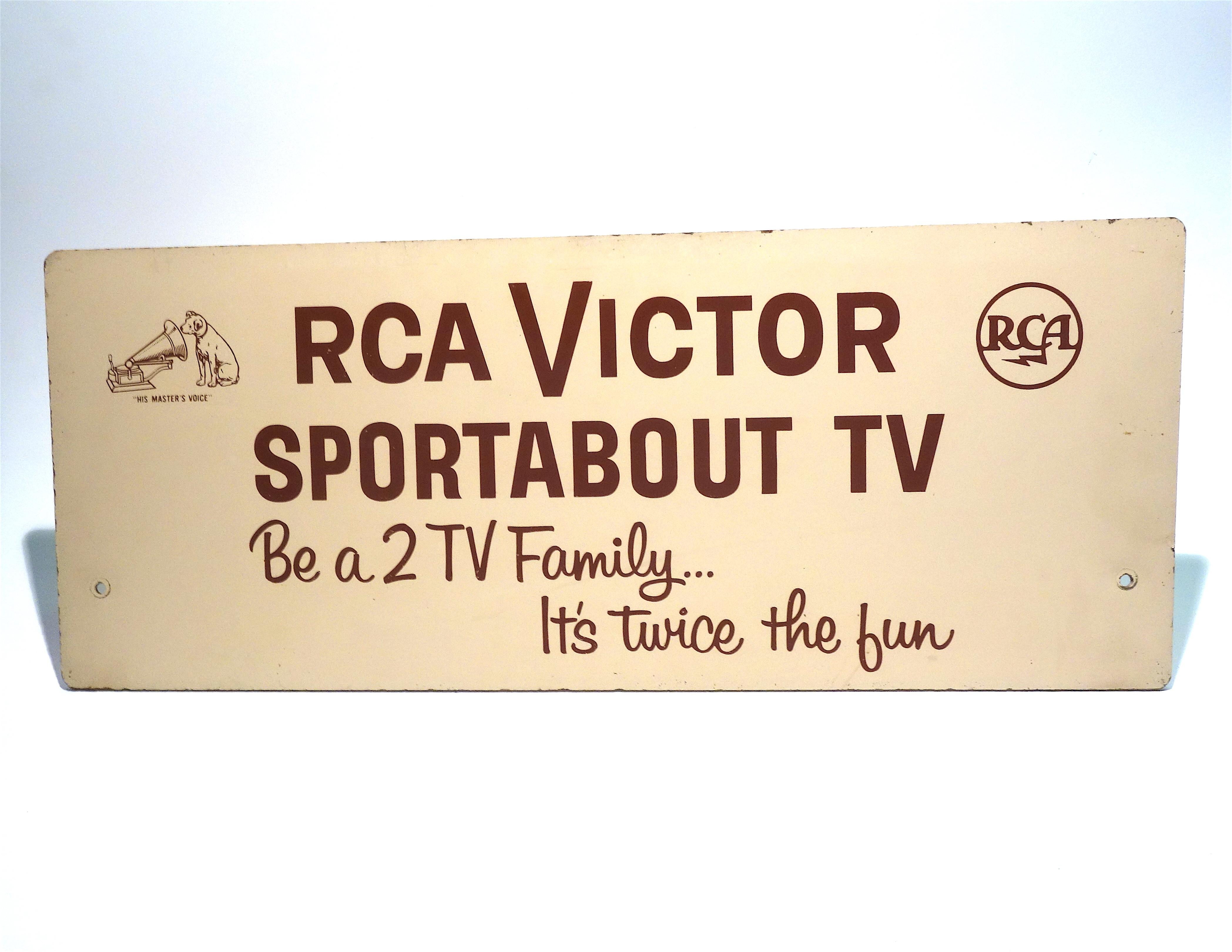 Painted RCA Portable TV Advertising Sign Circa Mid-20th Century Brown Over Beige On Wood For Sale
