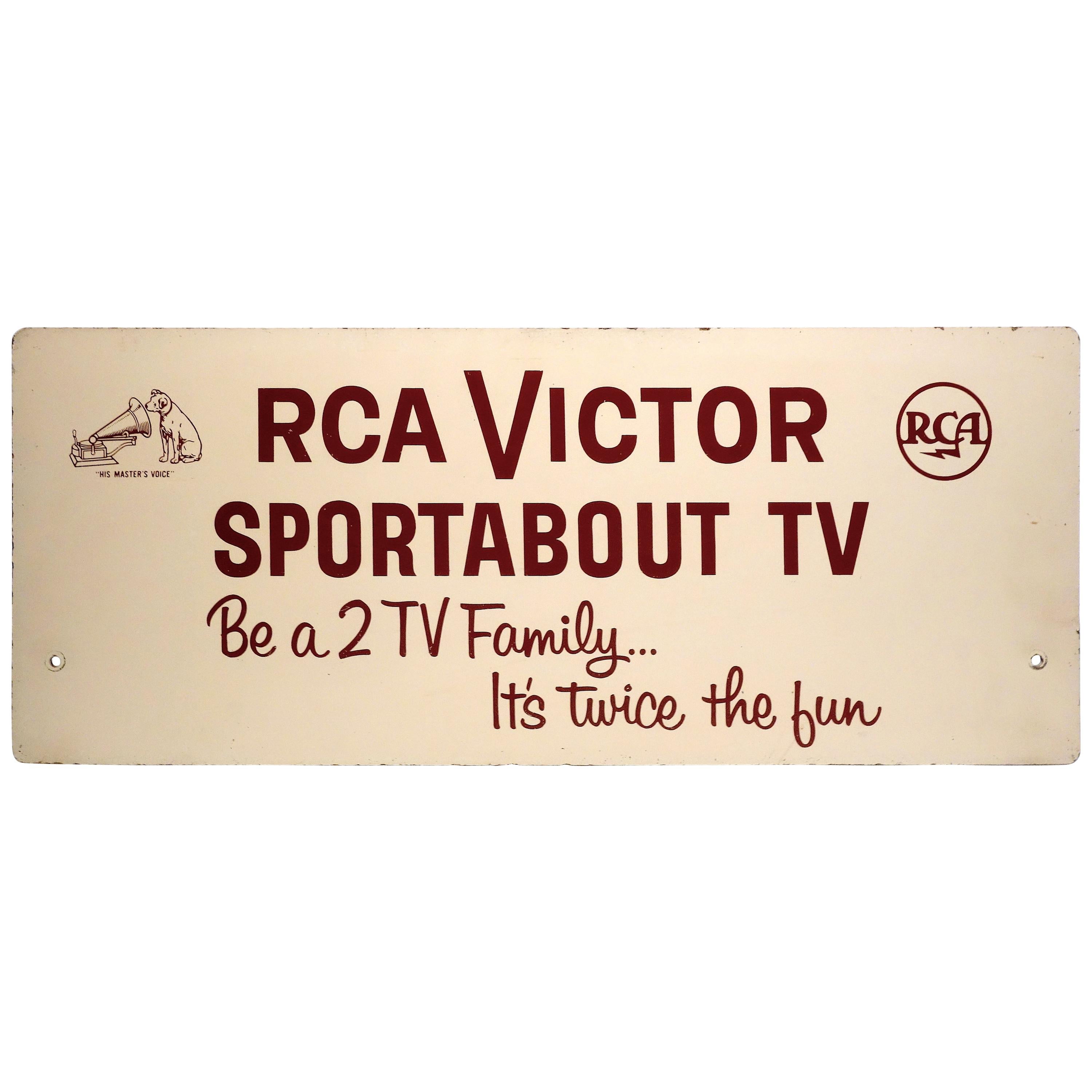RCA Portable TV Advertising Sign Circa Mid-20th Century Brown Over Beige On Wood For Sale