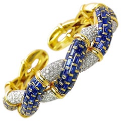 R.C.M. 18 Karat Gold Diamond and 12.80 Carat Blue Sapphire Braided Cuff Bracelet