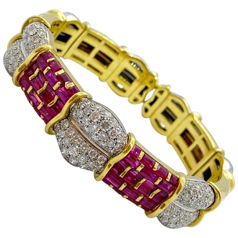 R.C.M. 18 Karat Yellow Gold 5.75 Carat Ruby and Diamond Bracelet For Sale
