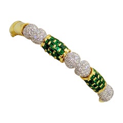 R.C.M. 18 Karat Yellow Gold Bracelet with Pave Diamond Hearts and Emeralds