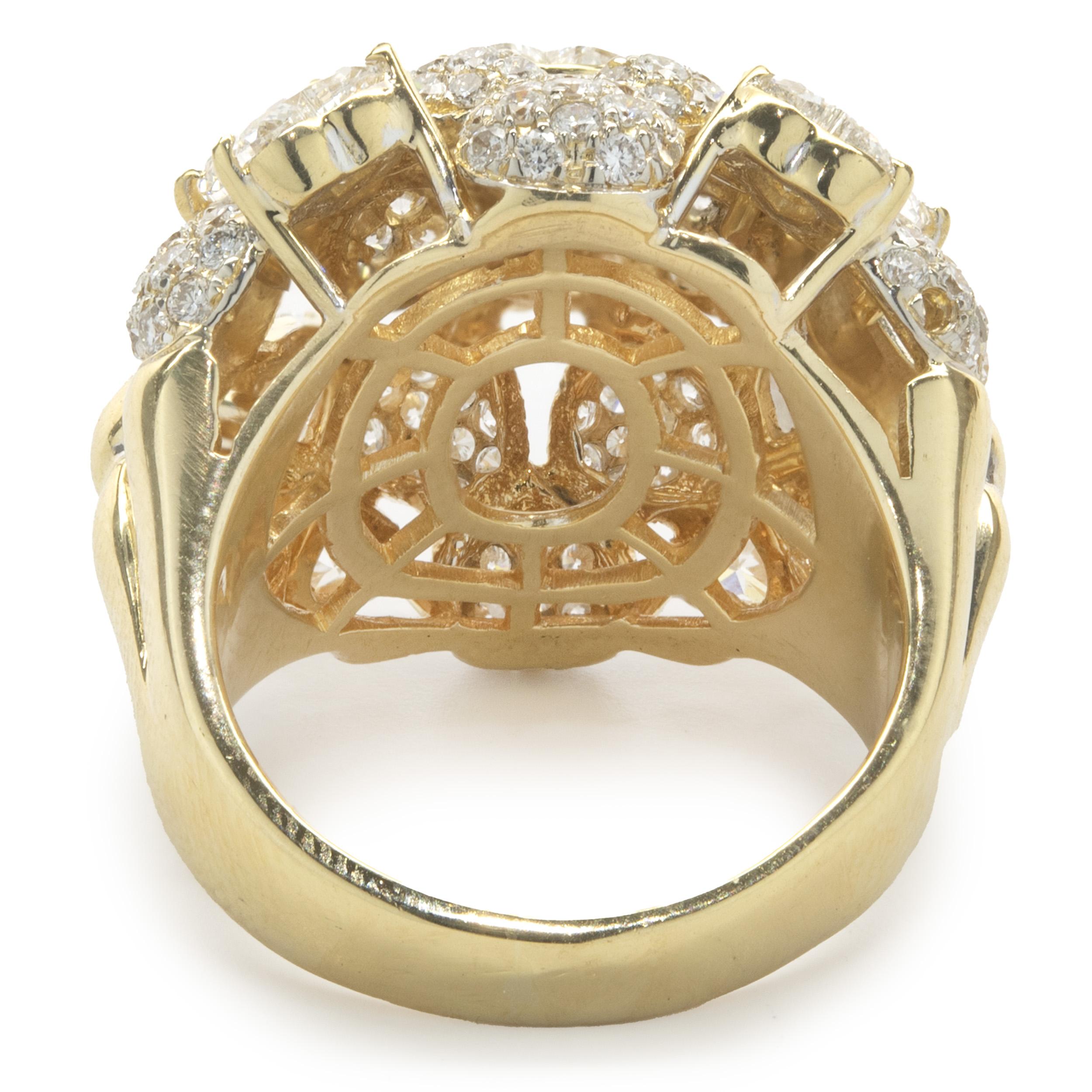 Trillion Cut R.C.M 18 Karat Yellow Gold Pave Diamond Dome Ring For Sale