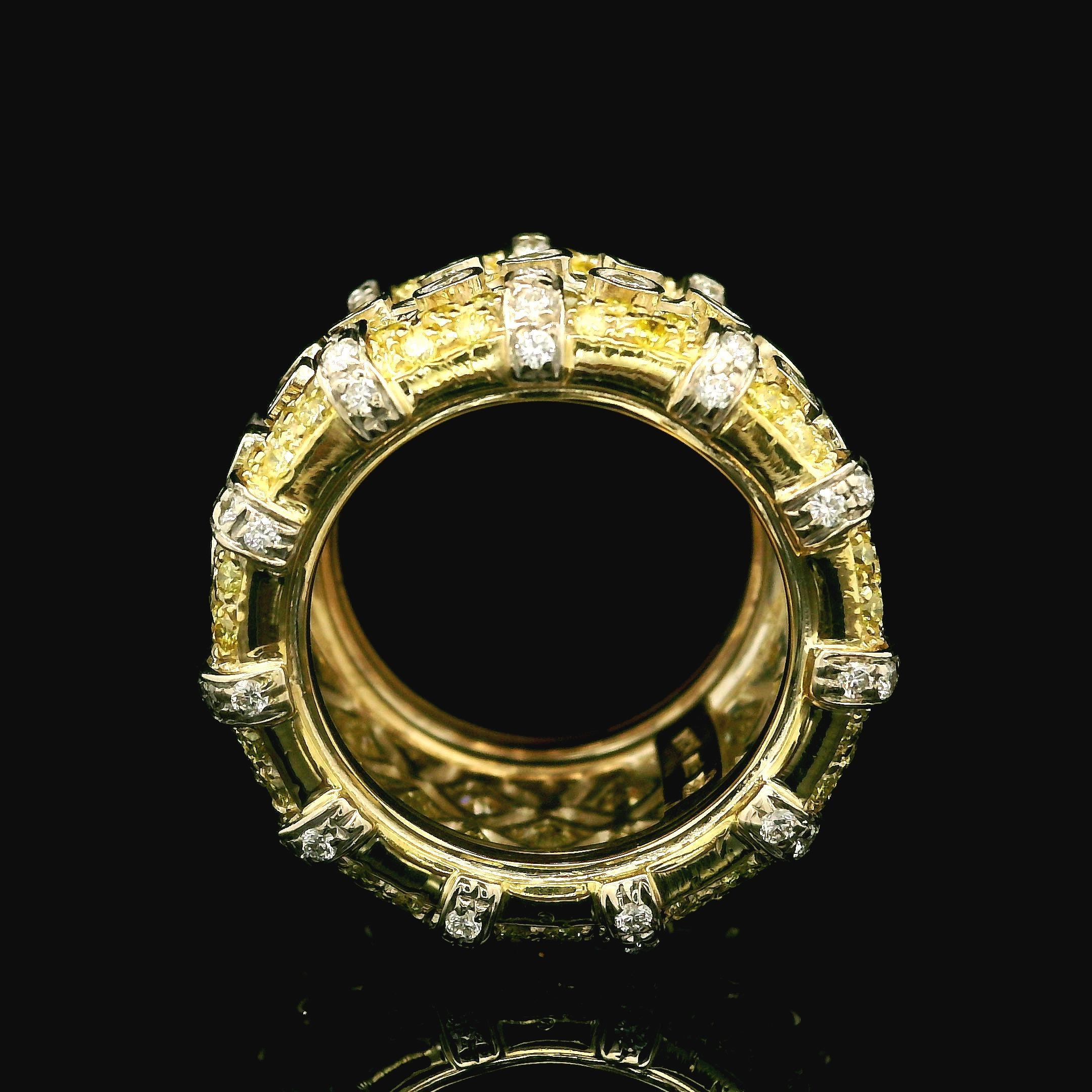 Brilliant Cut RCM 18k Two Tone Gold 6.5ctw Fancy Yellow & White Diamonds Wide Band Ring For Sale