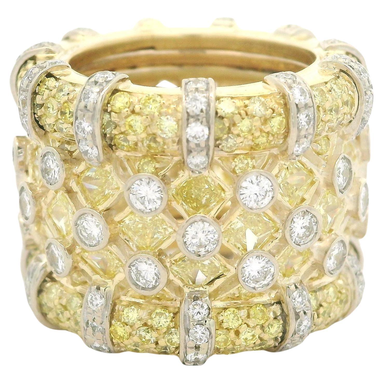 RCM 18k Two Tone Gold 6.5ctw Fancy Yellow & White Diamonds Wide Band Ring