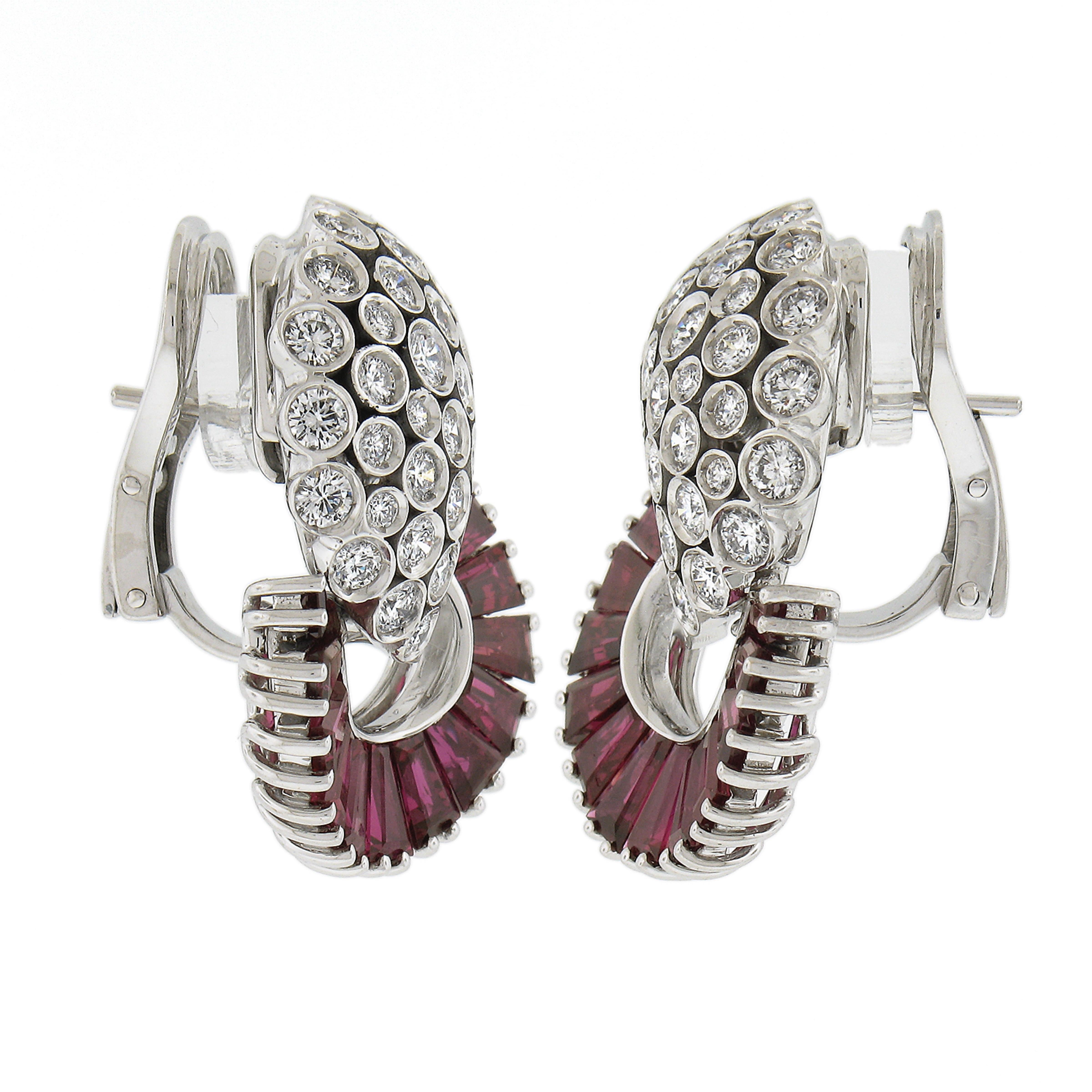 RCM 18K White Gold GIA Baguette Ruby & Bezel Diamond Cluster 8.35ctw Earrings In Excellent Condition For Sale In Montclair, NJ