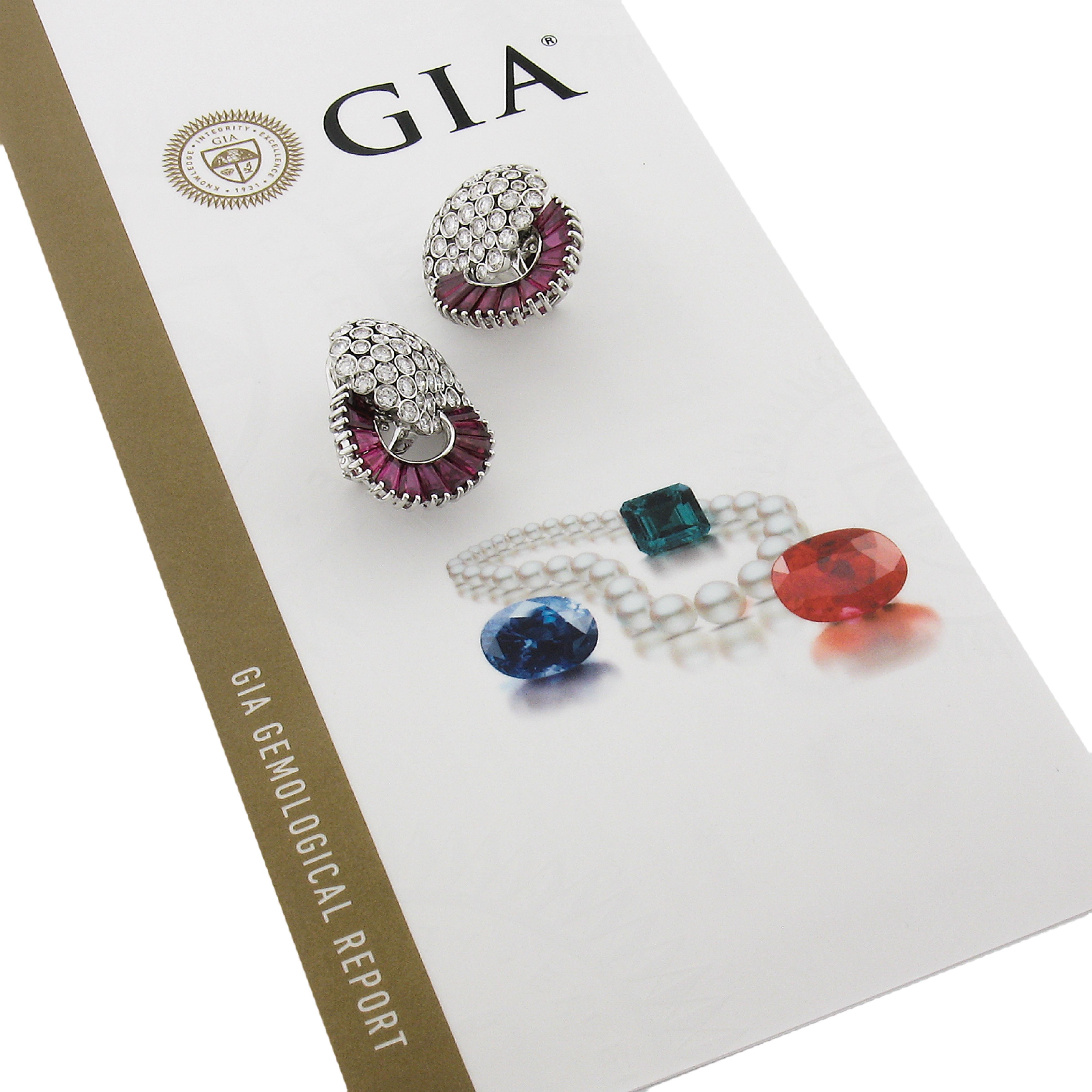 RCM 18K White Gold GIA Baguette Ruby & Bezel Diamond Cluster 8.35ctw Earrings For Sale 3