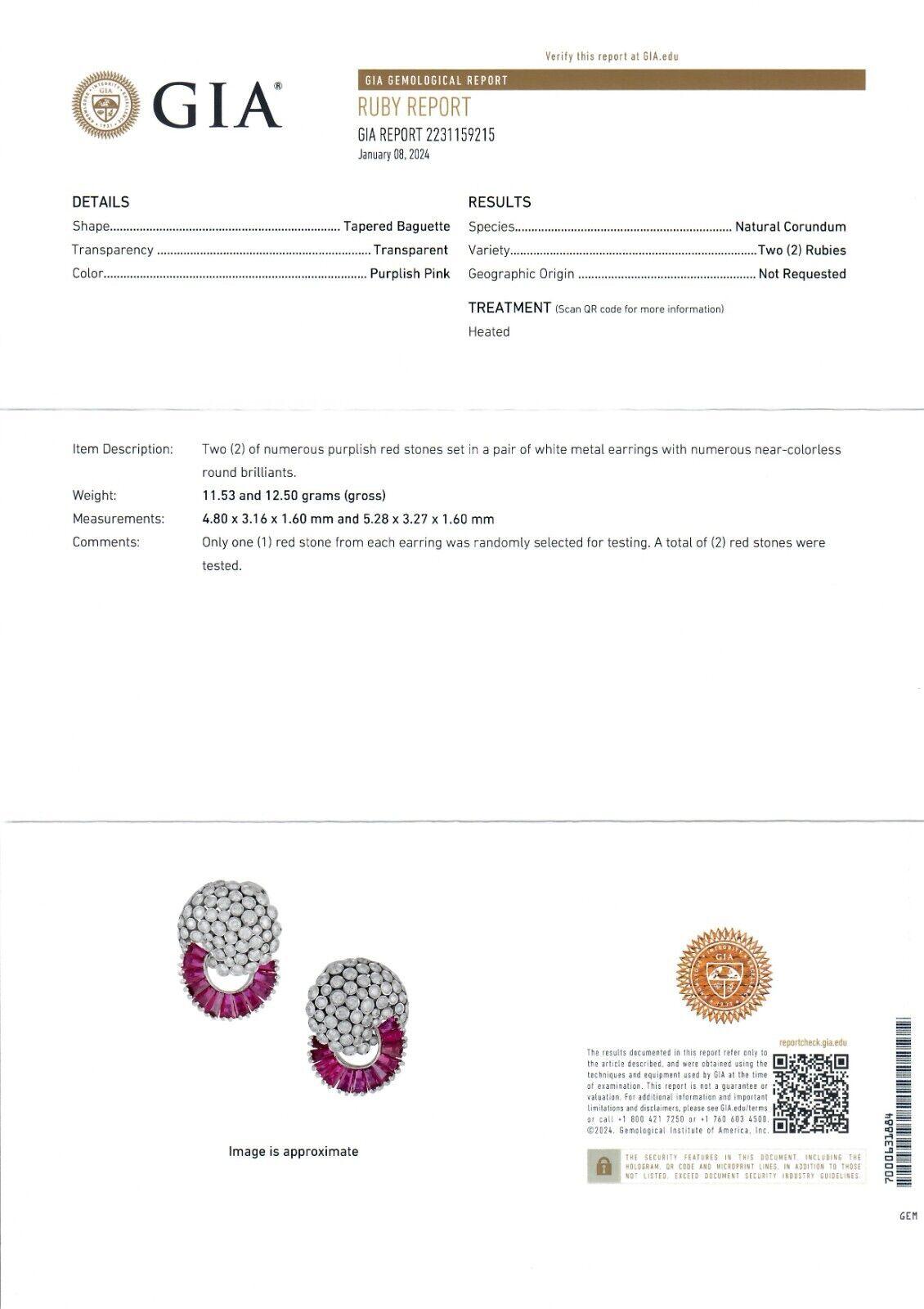 RCM 18K White Gold GIA Baguette Ruby & Bezel Diamond Cluster 8.35ctw Earrings For Sale 4