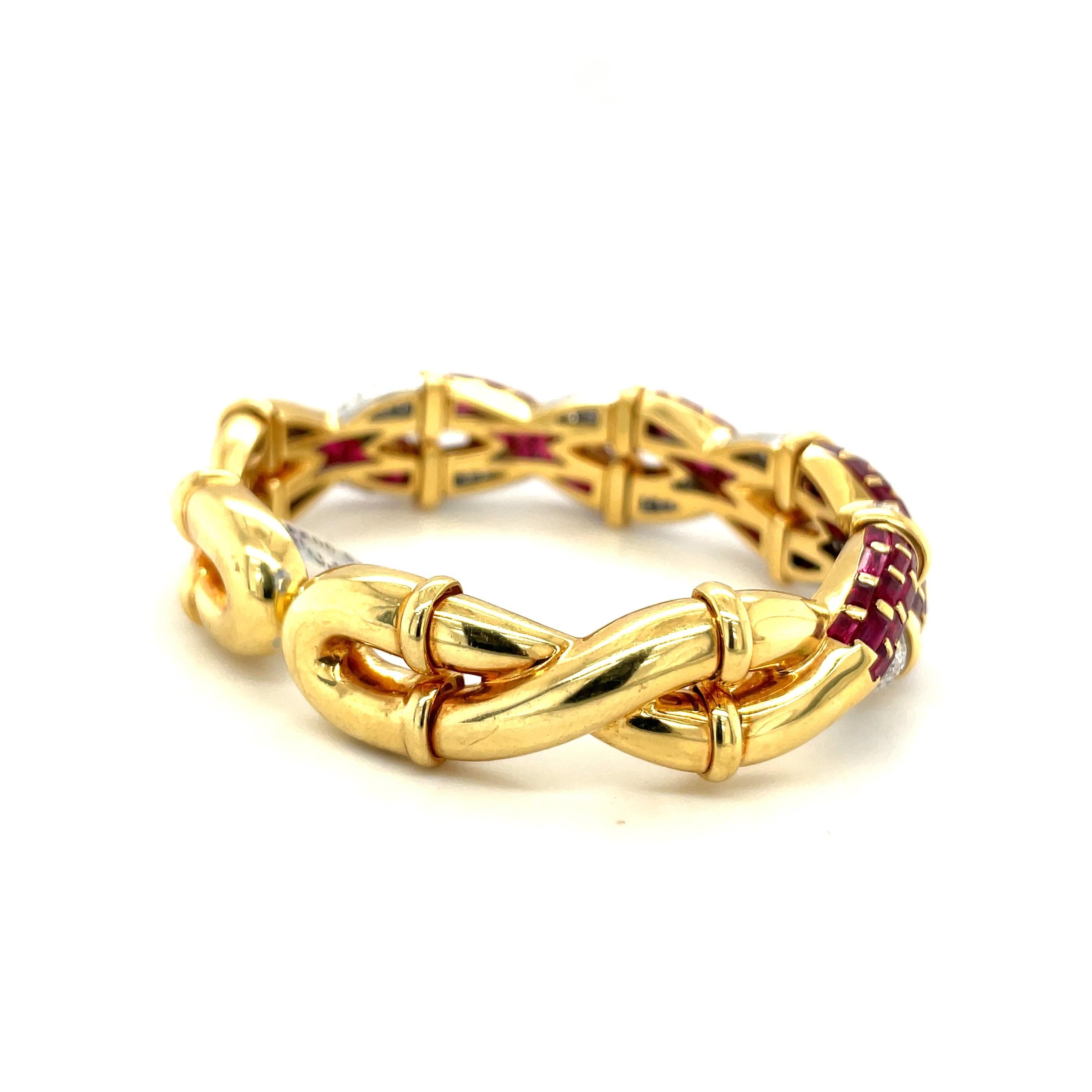 Contemporary R.C.M. 18KT Yellow Gold 13.39Ct Ruby 1.70Ct Diamond Braided Cuff Bracelet For Sale
